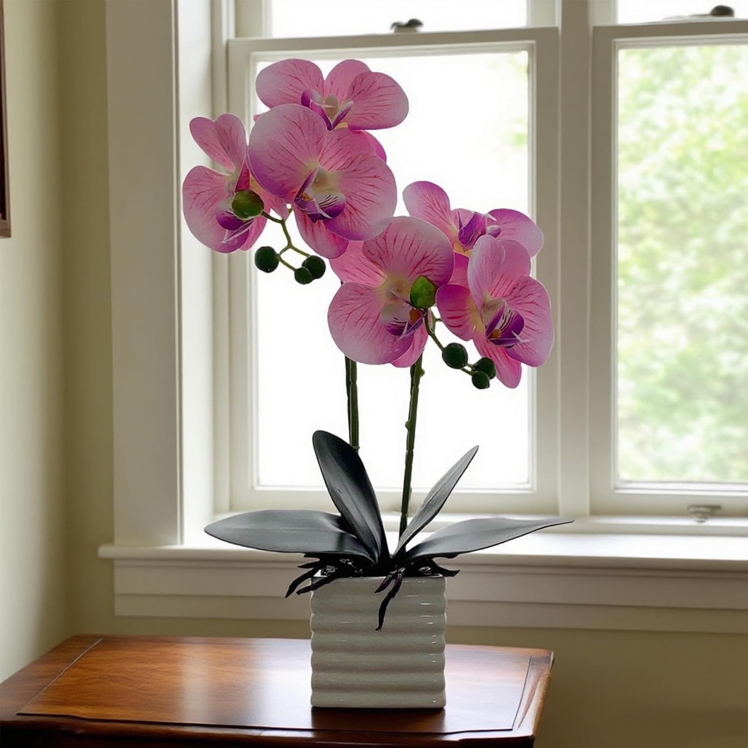 Artificial Pink Orchid Plant with White Vase, 14 Inches Tall, Realistic Orchid Artificial Flowers for Home Decor