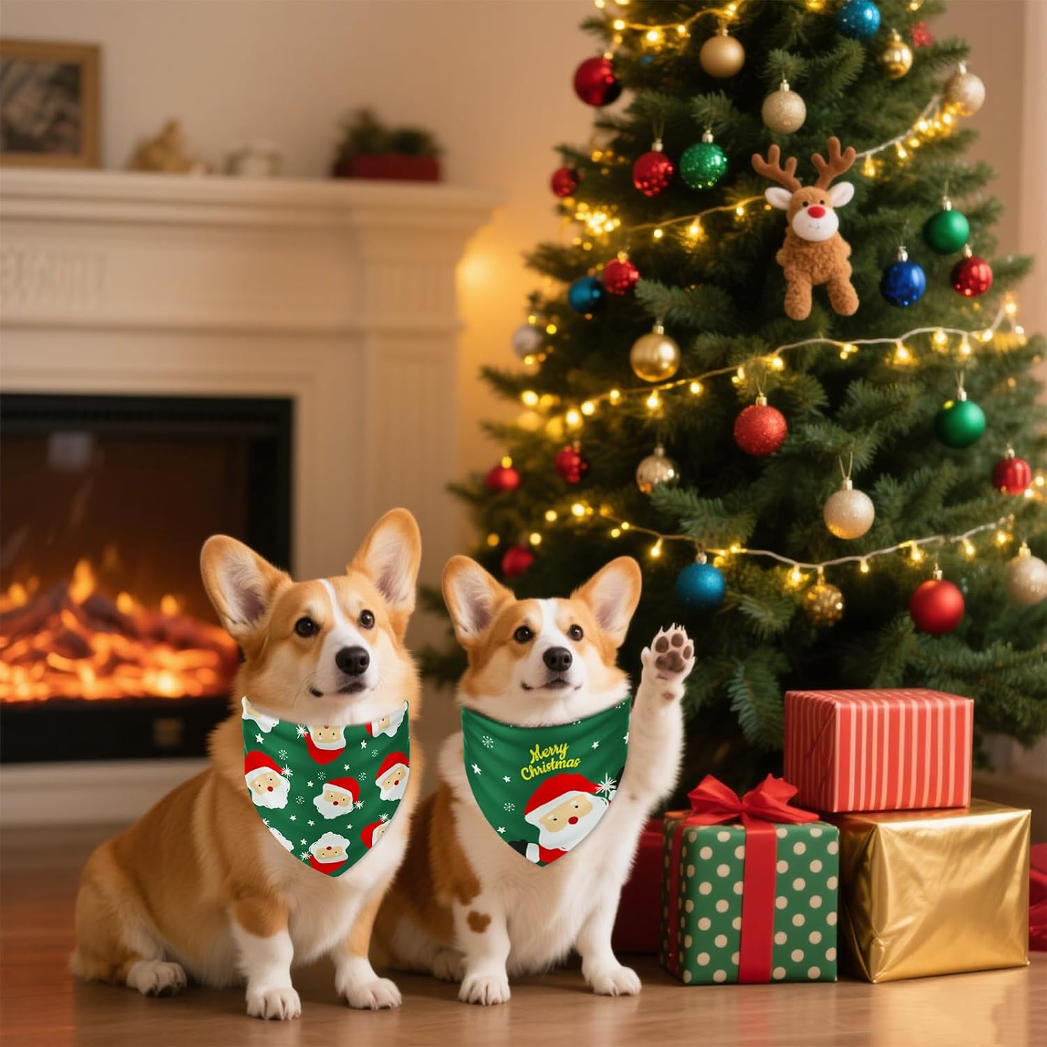 JarThenaAMCS 2Pcs Christmas Dog Bandanas Green Red Santa Claus Snowflake Reversible Triangle Dog Bibs Adjustable Pet Neckerchief Scarf for Winter Small Medium Large Pet Cat Costume Accessories image 5