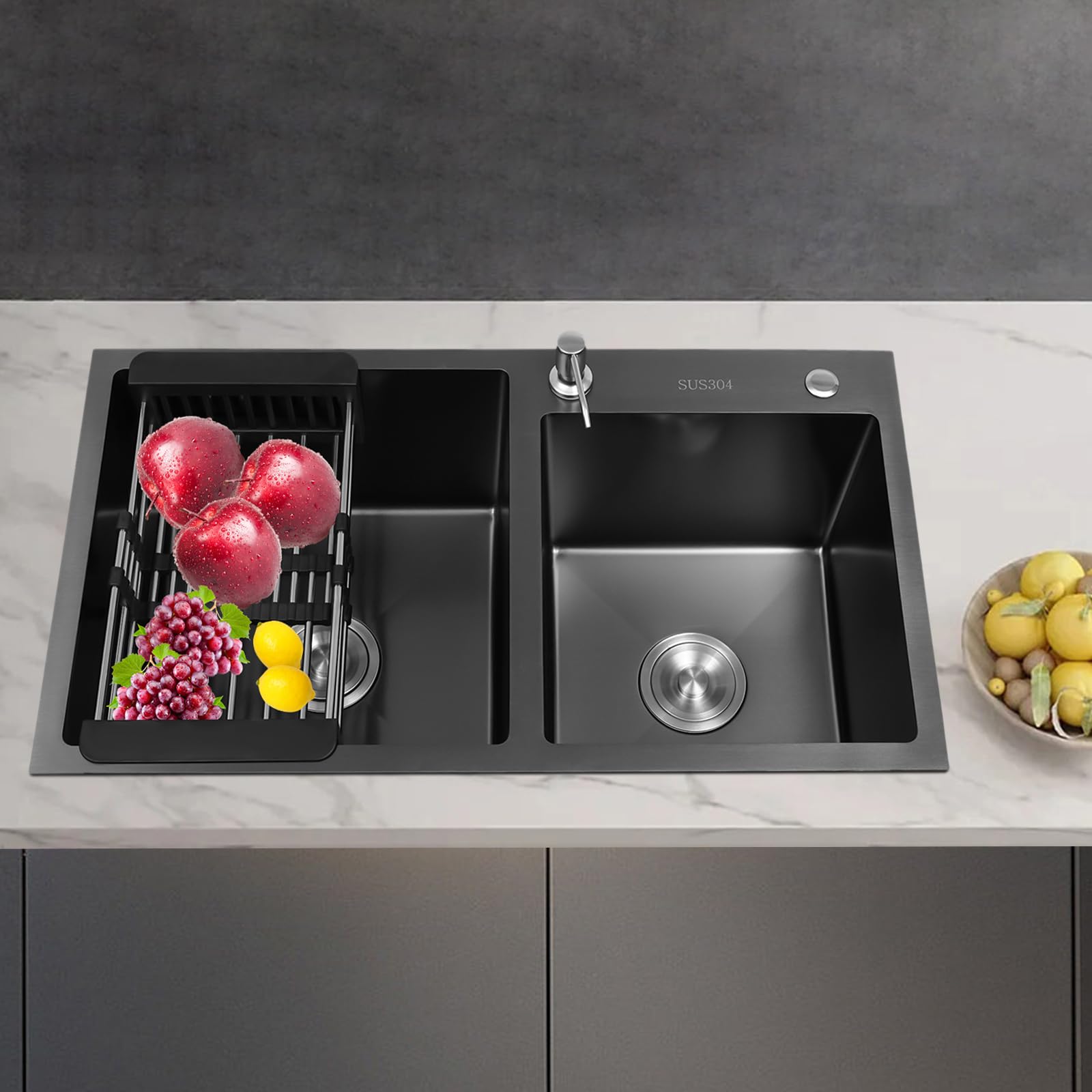 Fregadero doble de acero inoxidable para empotrar, fregadero de cocina cepillado, con juego de desagüe y rebosadero, tubo de cocina, fregadero doble, 78 x 43 x 22 cm (negro)