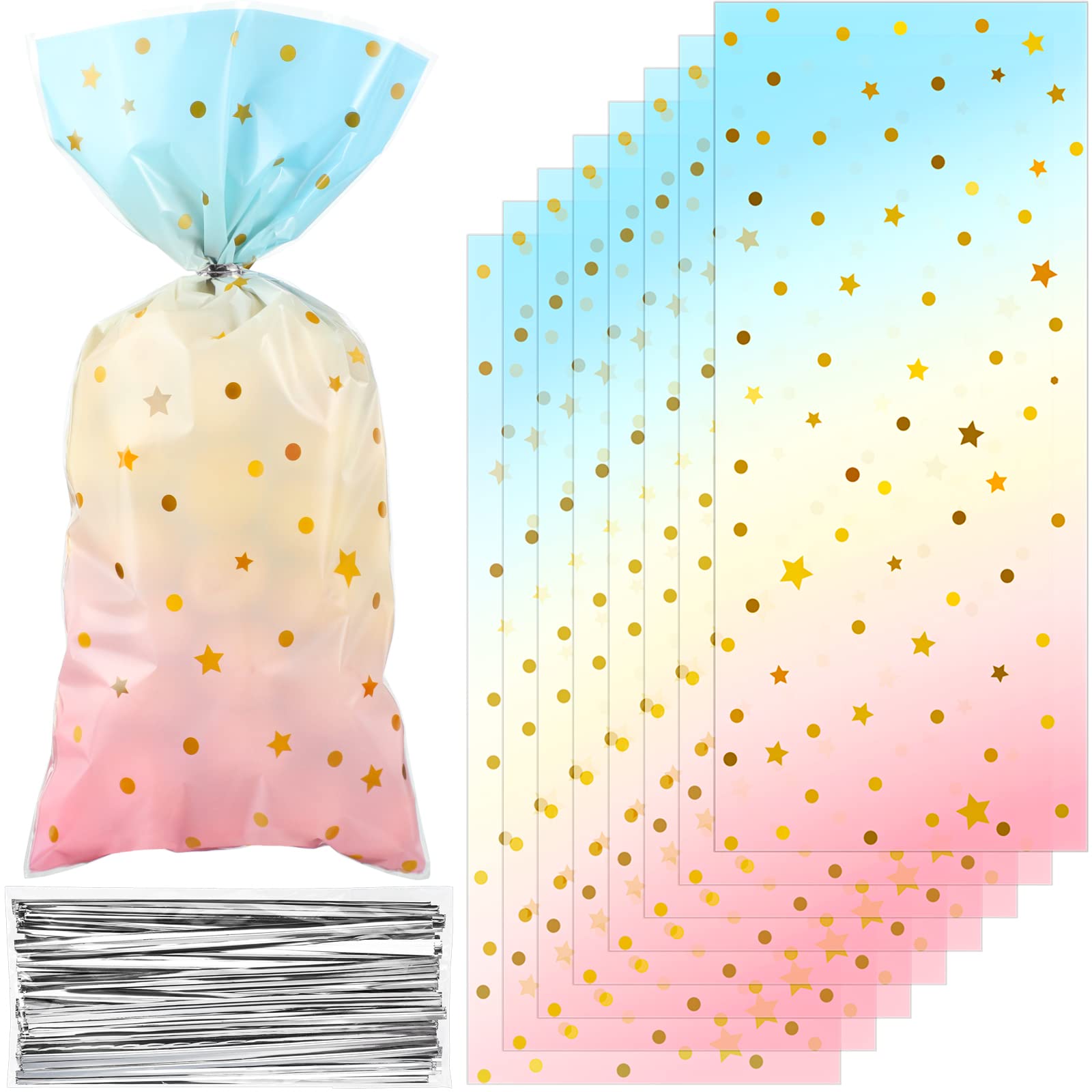 100 Pcs Pastel Cellophane Bags Rainbow Party Favors Bag Star Dot Treat Goodie Candy Plastic Gift Pink Blue Tie Dye Wrapping Clear Cello for Baby Shower Birthday Decoration Supplies