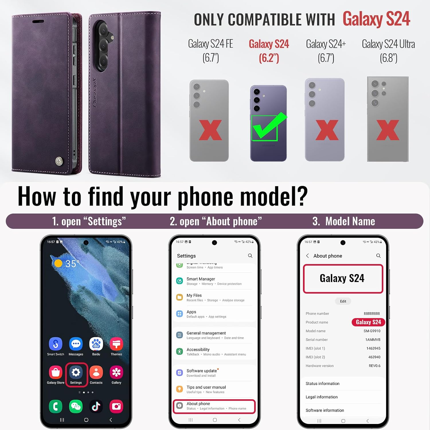 Wallet Case for Samsung Galaxy S24 Compatible with Magsafe, 2-in-1 PU Leather Flip RFID Blocking Card Holder Stand Shockproof Magnetic Detachable Cover for Galaxy S24 Case 6.2", Retro Purple