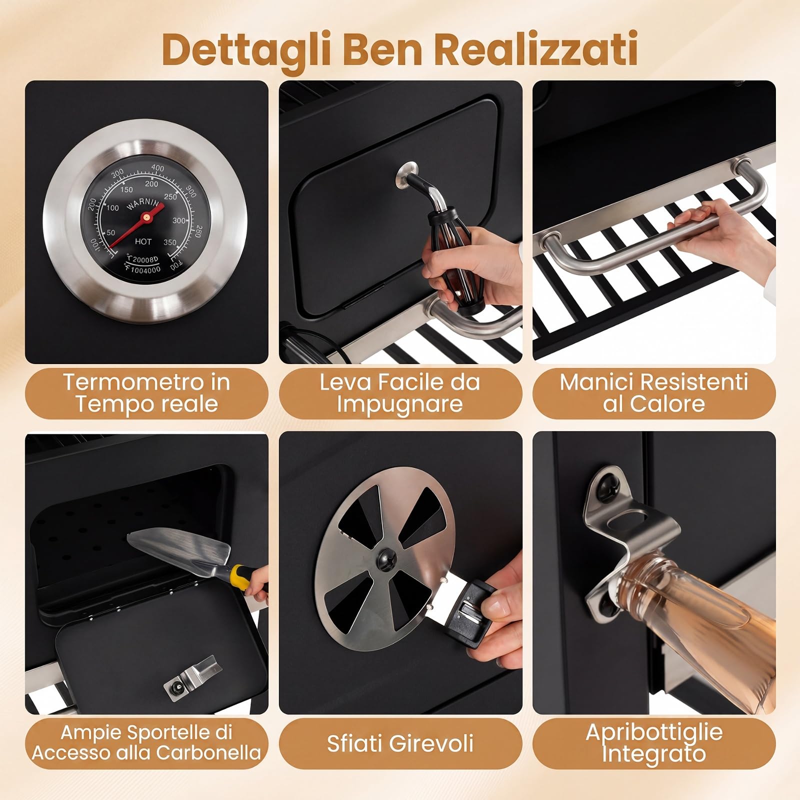 COSTWAY Barbecue a Carbone, Barbecue Portatile Affumicatore con Ruote | Griglia Regolabile in Altezza e Tavolini Laterali,Carrello BBQ da Esterno con Copertura e Termometro per Giardino e Campeggio