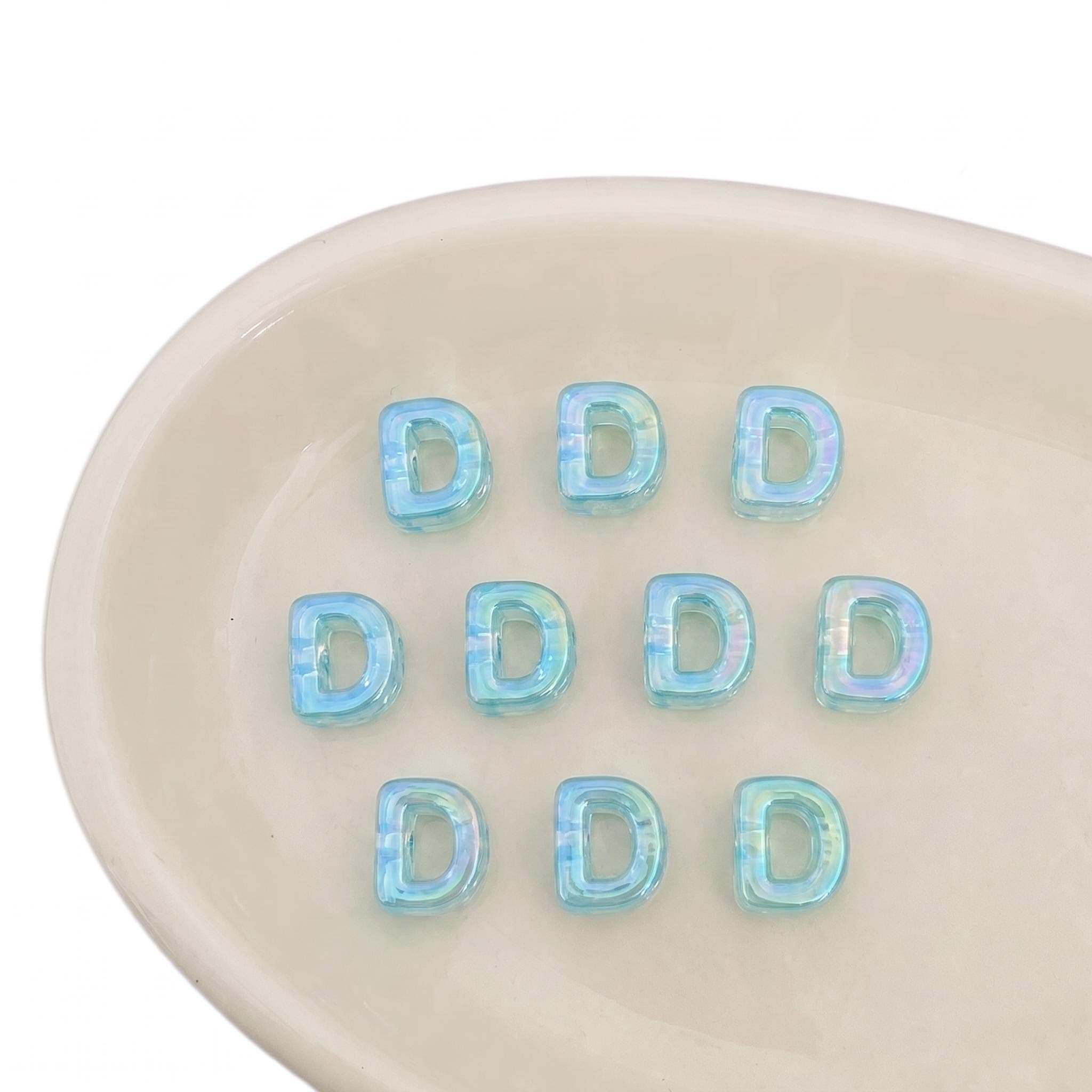 Letter Beads 10pcs, Large Acrylic Alphabet Beads with 6mm Hole, Iridescent Holographic UV Plated for Bracelet Making, Jewellery, Keyrings & Craft (Iridescent Sky Blue, Letter D)