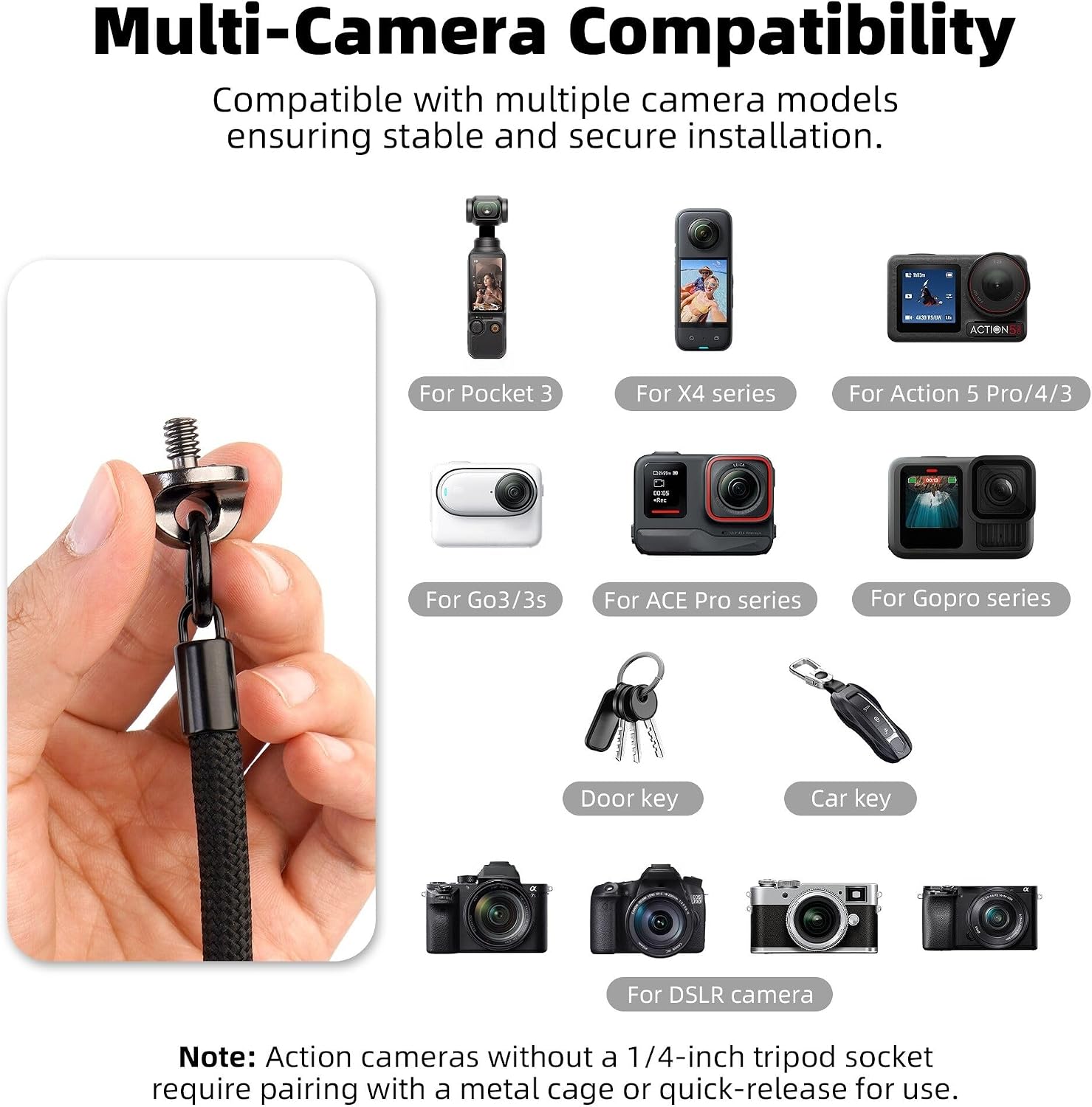 Walking Way 2-in-1 Lanyard for DJI Osmo Pocket 3/4/Xtra Muse/Insta360 Luna, Adjustable Crossbody Strap, Quick-Release Camera Wrist Tether with 1/4" Thread, Neck Sling for Traveling & Vlog, Black image 4