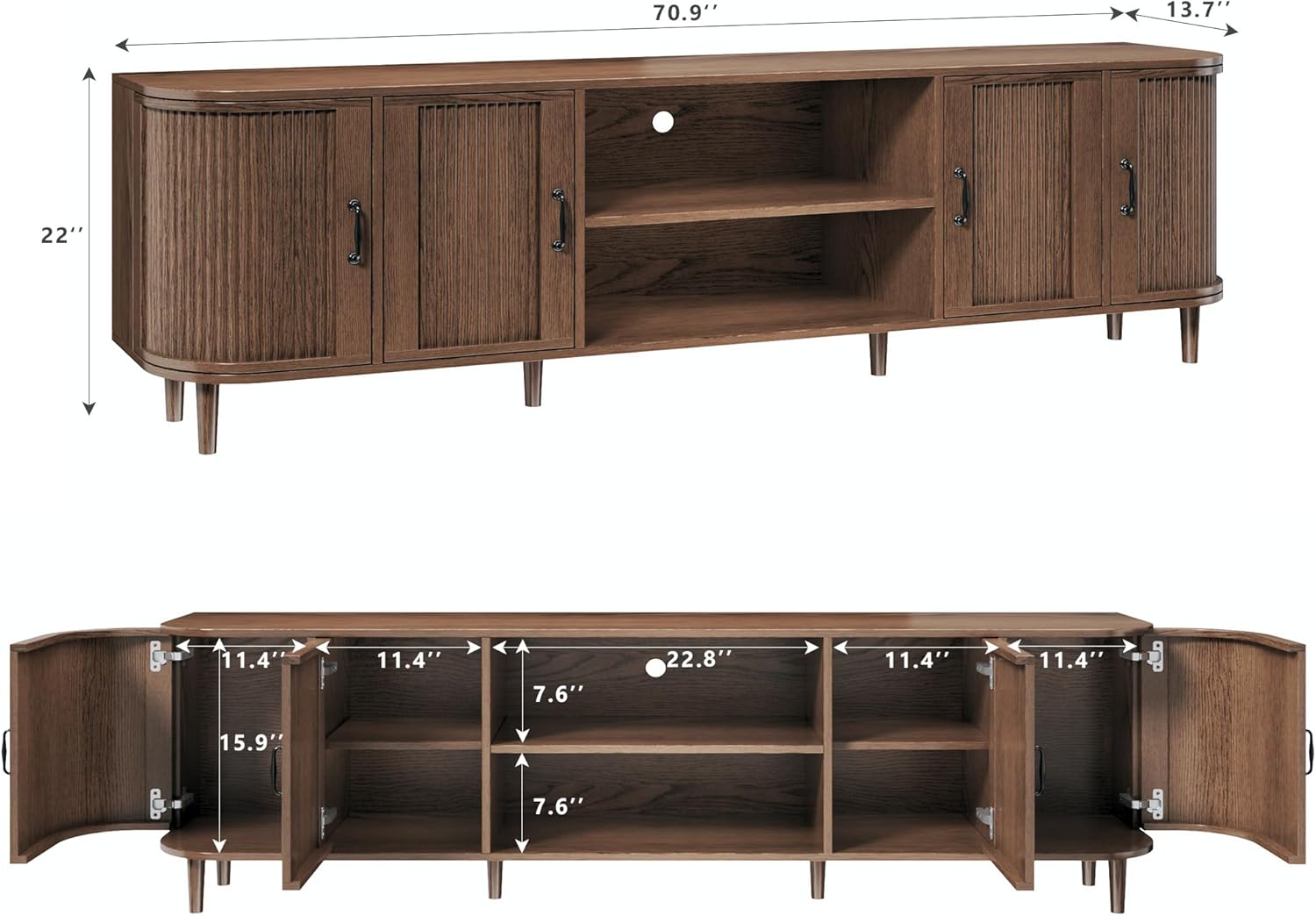 TV Stand for 75 inch TV, Mid Century Modern Entertainment Center for 55/60/65/75 inch TV, with Fluted Door Cabinets & Open Shelves, TV Consoles, Walnut