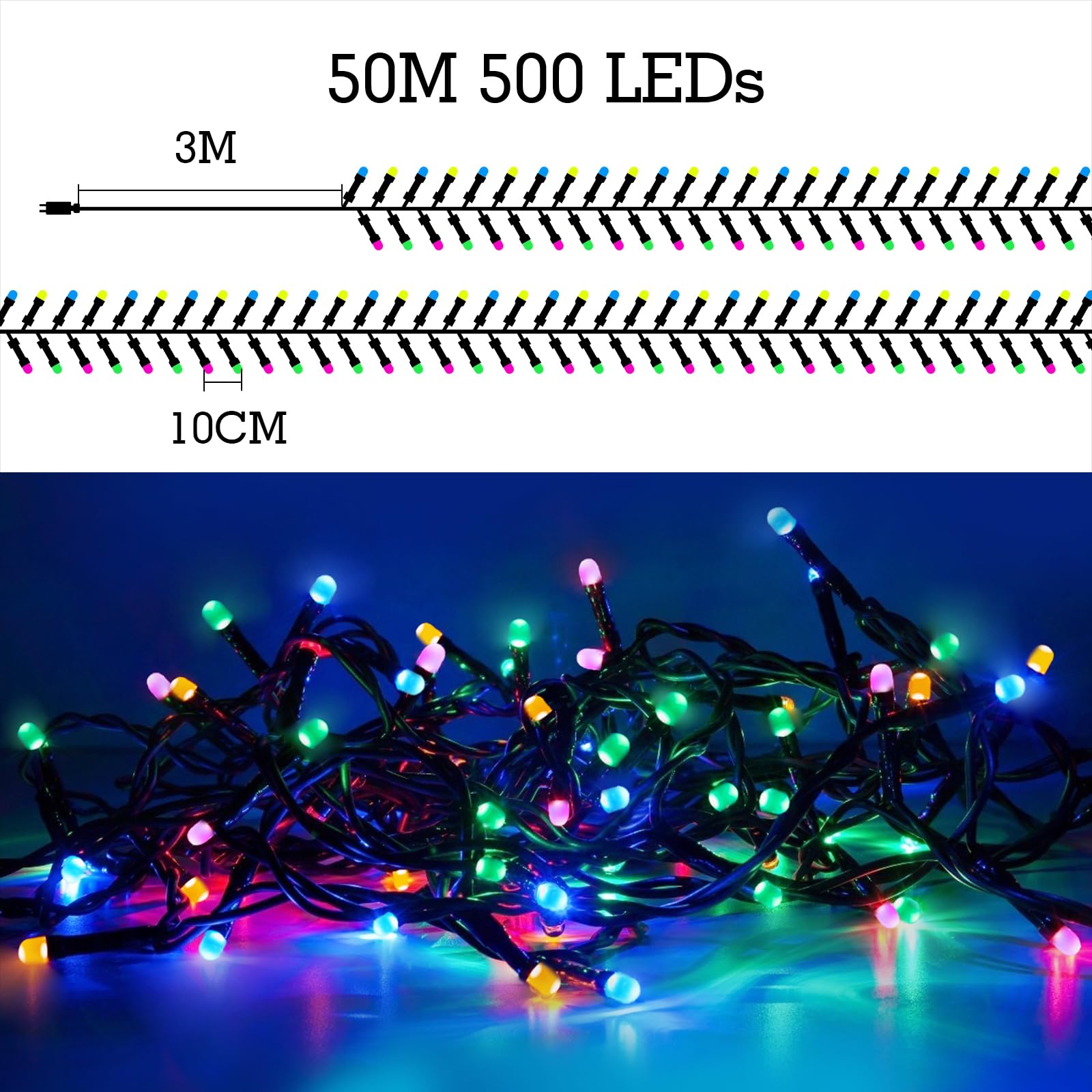 Quntis Luci Natale Esterno 50M 500 LED, Luci Albero di Natale con 8 Modalità, IP44 Impermeabile Luci Natalizie Decorazioni per Esterno Interno Casa Feste Balcone Terrazzo Gazebo, Colori