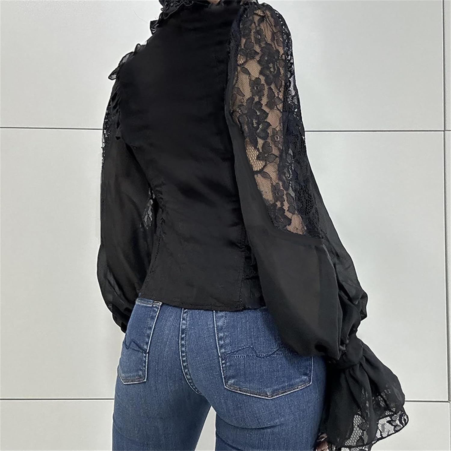 Vintage Top T Shirt Women Sheer Mesh Lace Mock Neck Goth Renaissance Punk Grunge Emo - Image 4