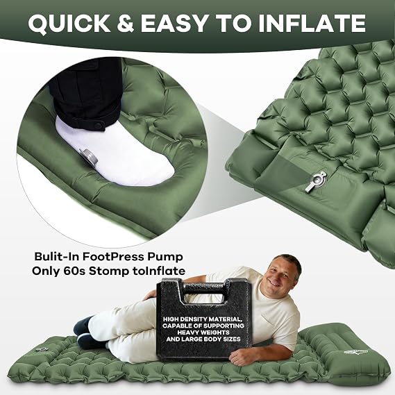 Hioutdoor 10CM Camping Self-Inflating Mat, Ultralight Inflatable Mattress with Foot Pump & Pillow, Compact Air Mattress for Outdoor Camping Hiking Beach