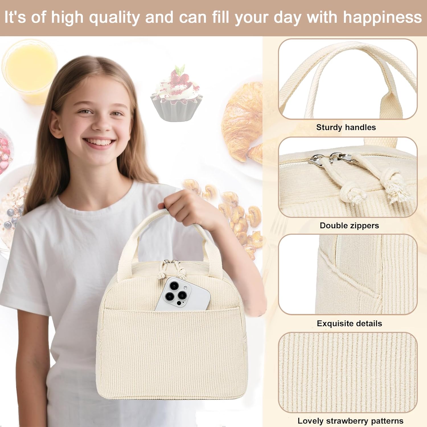 LEDAOU Lunch Box for Women Insulated Lunch Bag Corduroy Lunch Tote Bags Leakproof Cooler Lunch Case for Travel Work Picnic (Corduroy Solid Beige)