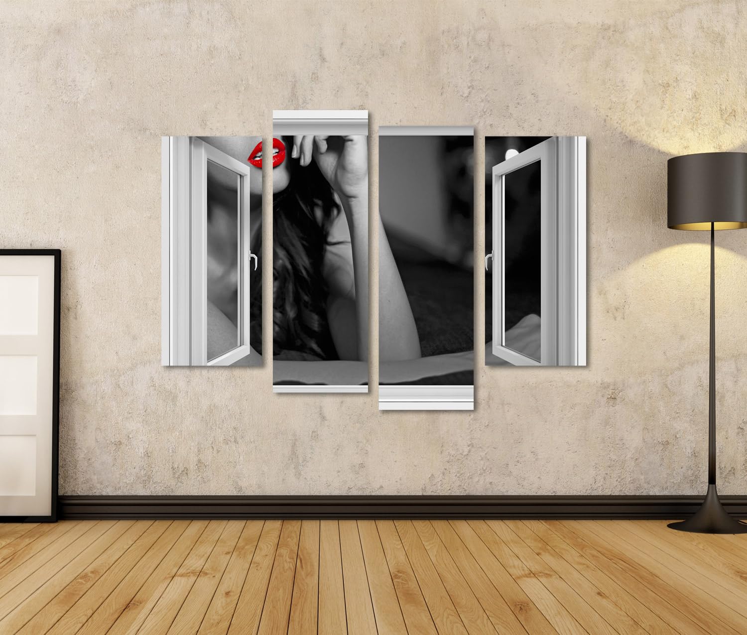 islandburner Tableau sur toile Lèvres Rouges Noir Blanc Fenêtre Portrait Œuvre d'art Photos murales Poster