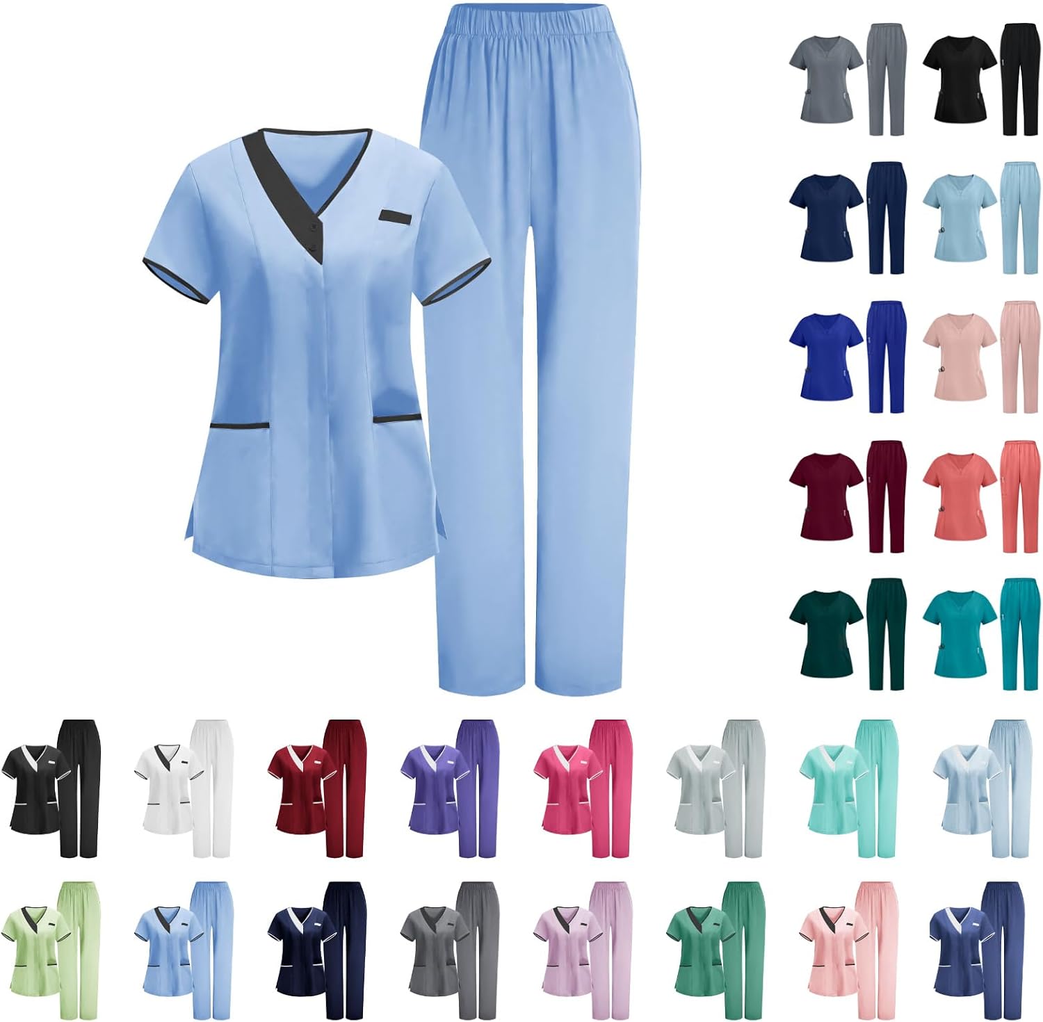YRAETENM Scrubs for Women Set Cool Stretch V-Neck Scrub Tops and Straight Leg Pants Nurse Uniform Workwear Medical Scrub Sets
