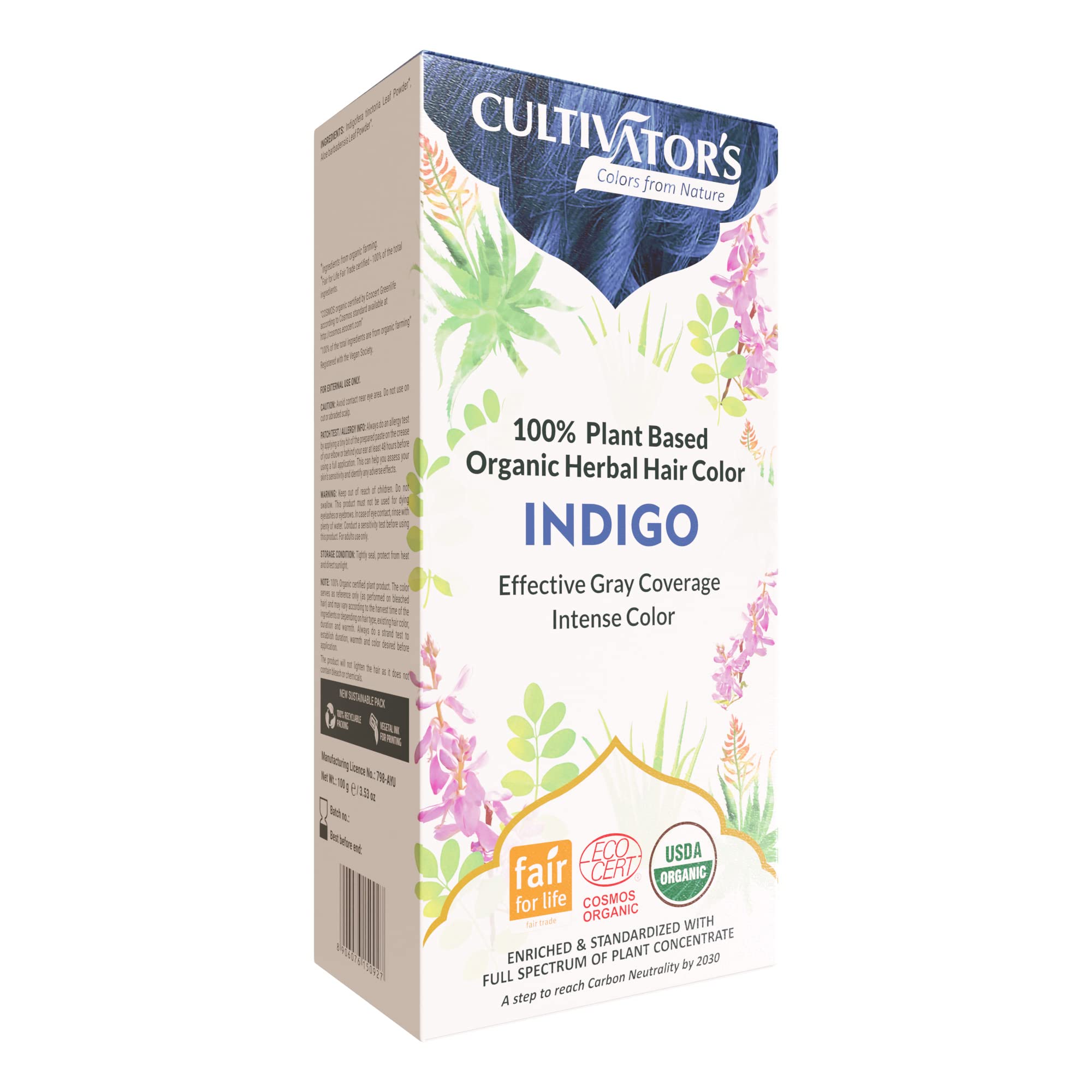 Cultivator's Organic Hair Colour - Indigo Powder for Hair - Organic Herbal Hair Colour for Women and Men - Ammonia Free Hair Colour Powder - Natural Hair Colour Without Chemical, (Indigo) - 100g