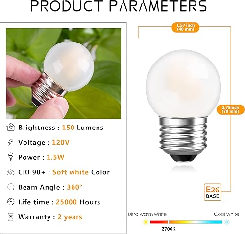 Miniatura 24 de Bombilla LED Edison G40 de bajo vatio, bombilla LED de 1 W, equivalente a 10 W, incandescente E26, base de tornillo, bombillas LED ultra cálidas