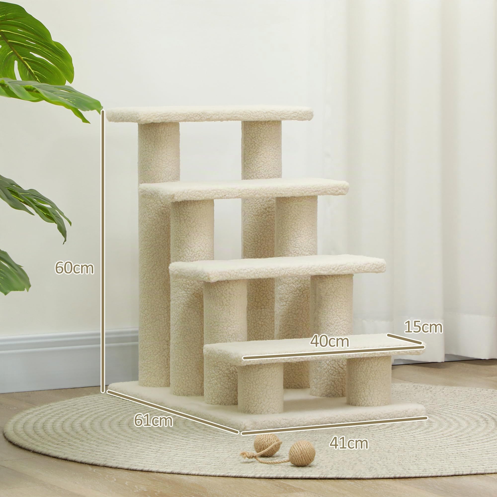 PawHut Scaletta per Cani e Gatti a 4 Gradini con Rivestimento in Peluche, Scala per Gatto e Animali Domestici Antiscivolo, Scalini per Cuccioli per Letto e Divano, 61x41x60cm Crema