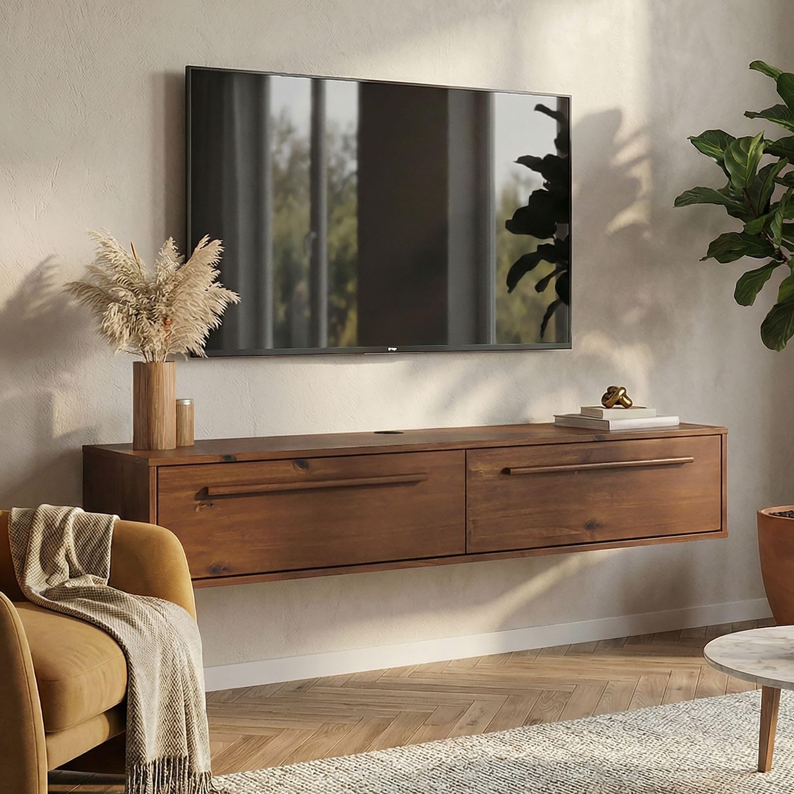 IDIMEX Lowboard TECCA 145 cm mit 2 Türen, Kastanie Finish – hängendes TV Board aus massivem Kiefernholz, modernes Design mit Klappenbeschlägen, platzsparend für Wohnzimmer & Flur