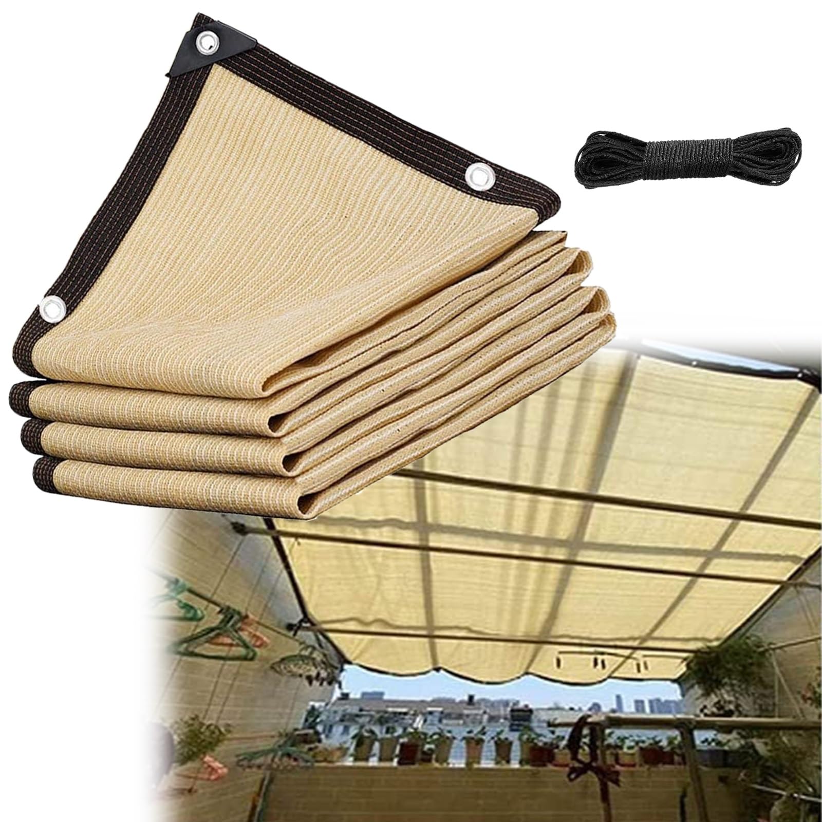 GLDYTVF 10x22 FT BeigeMesh Tarp with Reinforced Brass Grommets - Outdoor Patio Privacy Cloth Easy to Hang Sunblock Canopy for Garden and Backyard Use