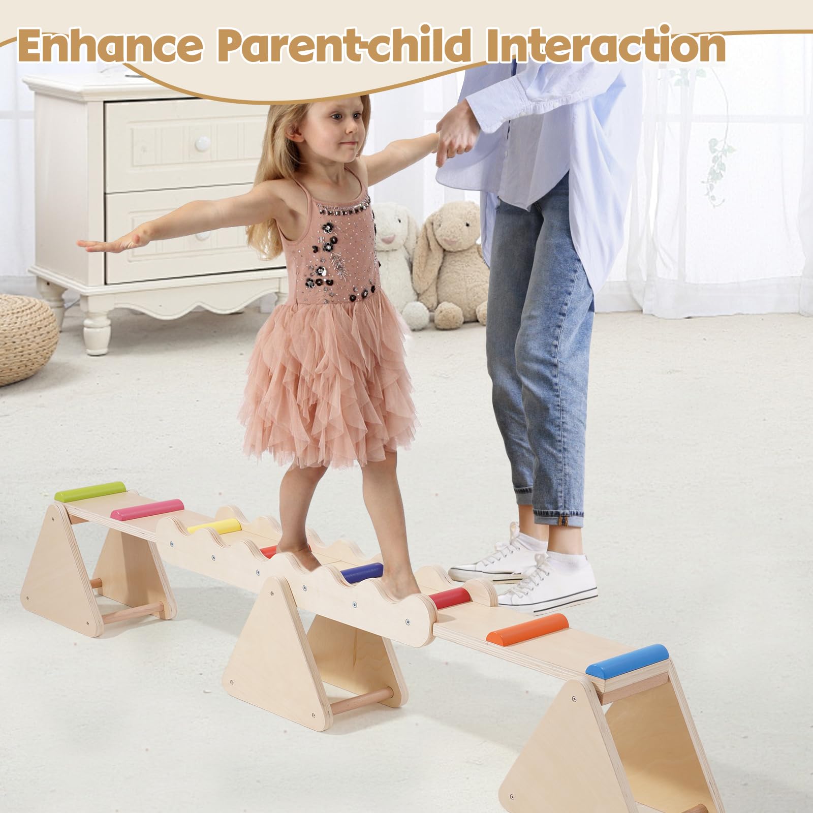 Poutre d'équilibre 2 en 1 en bois pour enfants, bascule et balançoire intérieur extérieur