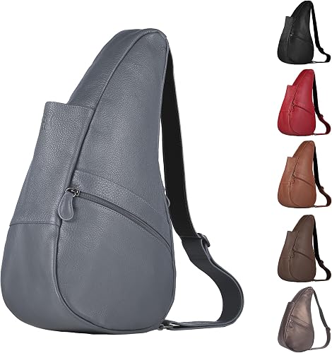 AmeriBag 17" Full-Grain Leather Ergonomic Crossbody Sling Healthy Back Bag for Everyday Use, Travel & Walking Comfort (Grey)