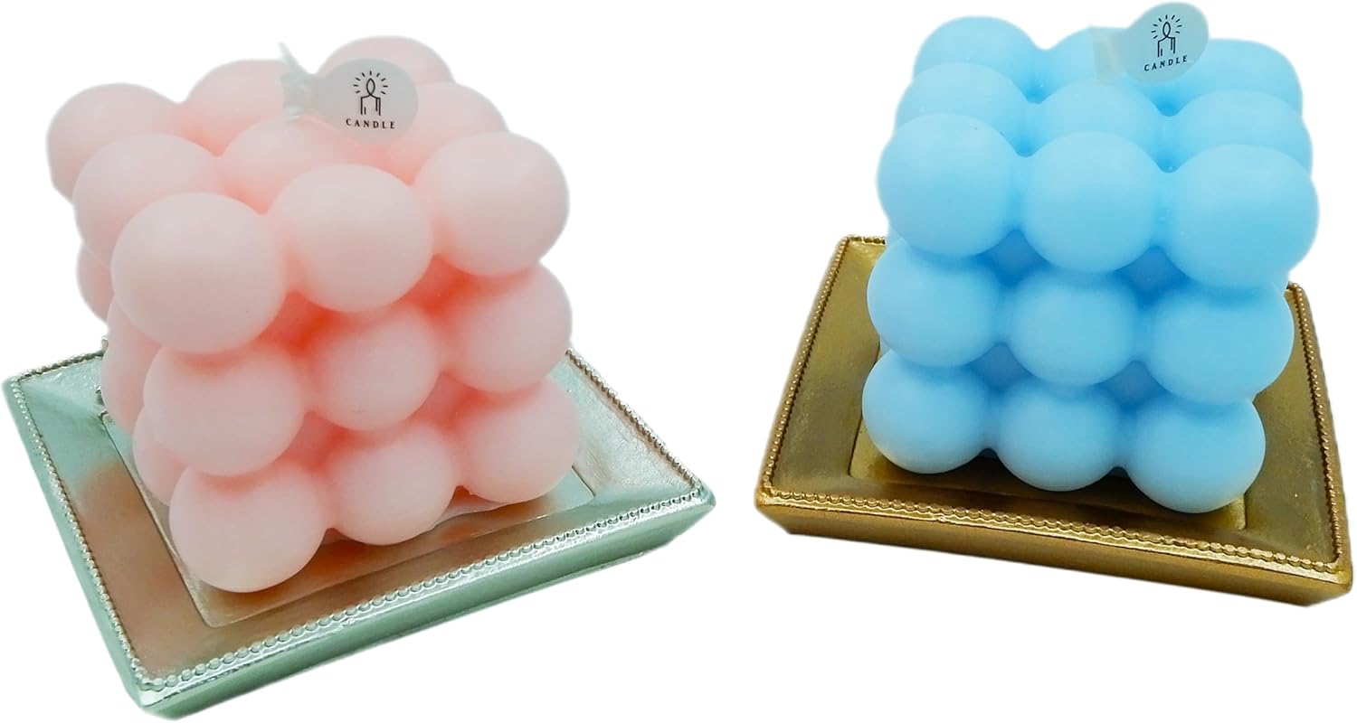 Set of 4 Bubble Cube Scented Candles and 2 Candlestick Tray,Aesthetic Cube Candle,Cute Bubble Candles,Magic Cube Shaped Candle,Novelty Candles for Women,Aromatherapy Candle for Home Decoration