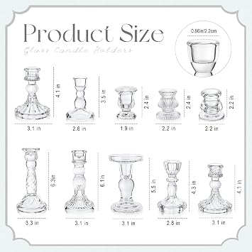 Mumufy 10 Pcs Glass Crystal Taper Candle Holders Clear Glass Candlestick Holder Fit 0.8 Inch Candles Crystal Decorative Candle Stand Centerpiece Table Wedding Dining Party (Classic,Clear)