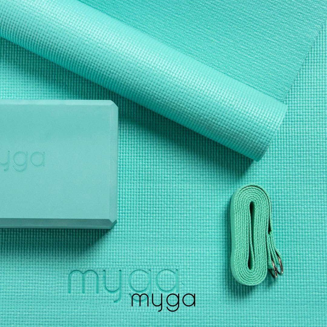 Myga Yoga-Starter-Set – Yogamatte, Yoga-Blöck Ziegel & Metall D-Ring Yoga-Gurt – Starter Kit für Anfänger ideal für Pilates, Yoga, Dehnung, Gesundheit & Fitness
