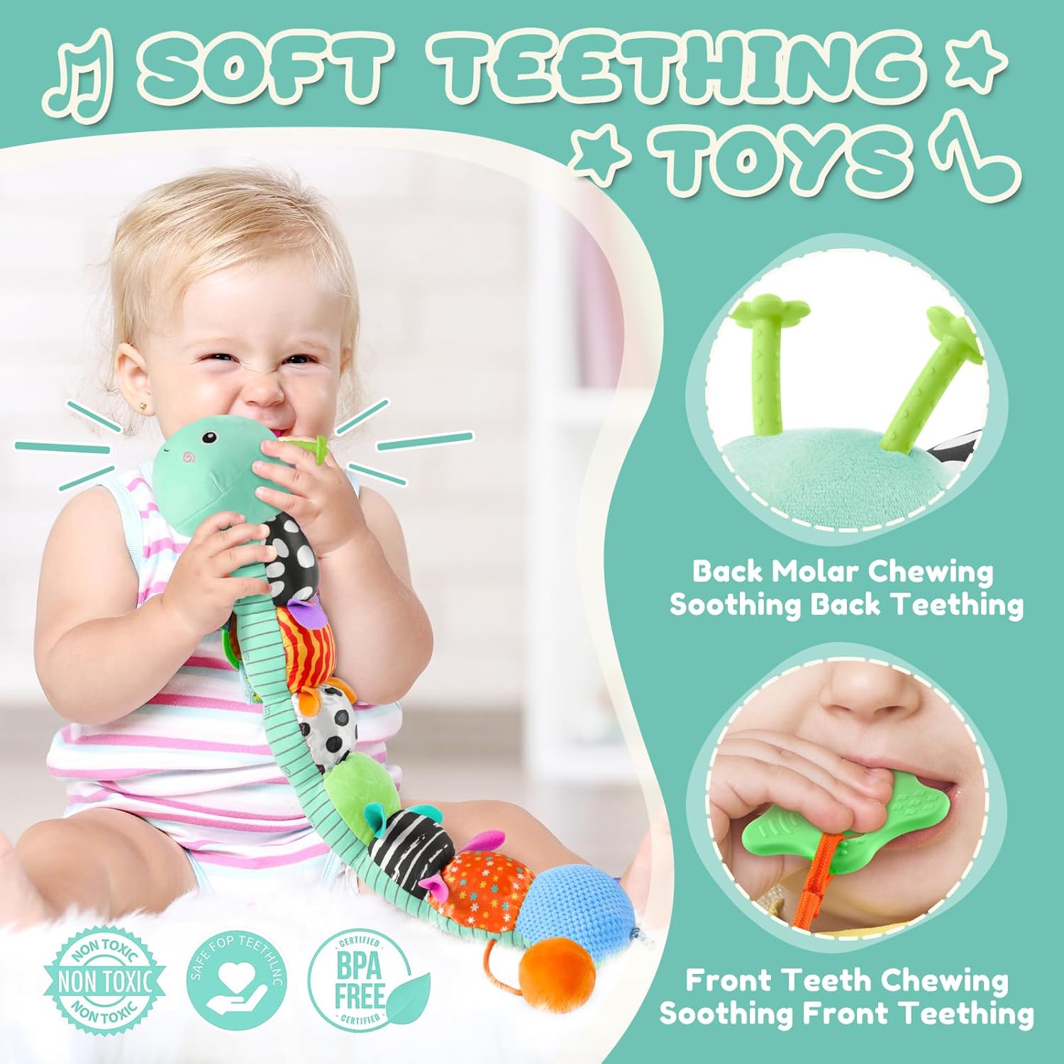 AWOTOY Baby Toys 0-6-12 Months,Musical Caterpillar Stuffed Animals Activity Infant Toys with Crinkle,Rattles,Mirror&Pull String,Muti-Sensory Toys Gifts for Newborn Tummy Time,Mint Blue|Leafy