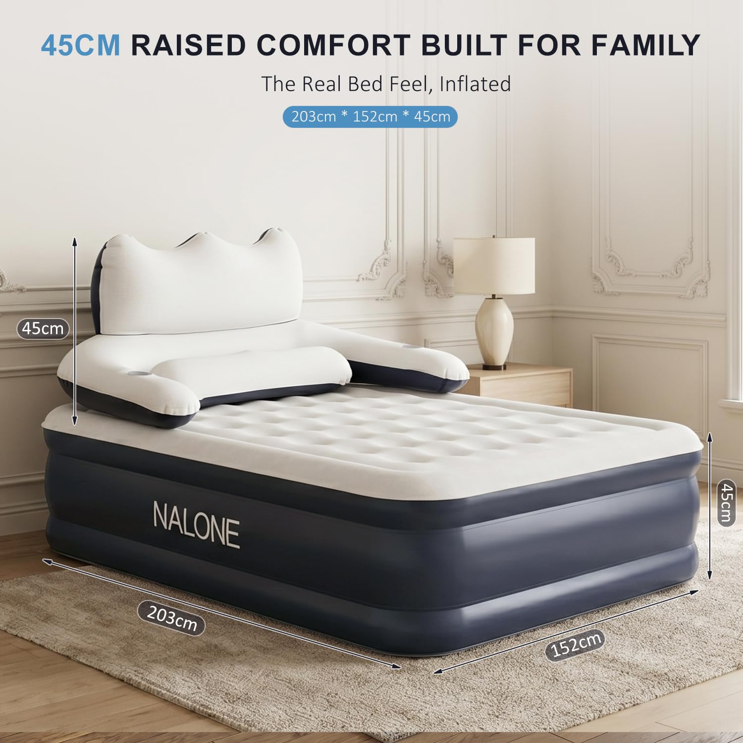 NALONE Materasso Gonfiabile Matrimoniale Con Testiera Integrata, Letto Gonfiabile Matrimoniale Con Pompa Integrata, Materasso Autogonfiabile Per Campeggio E Casa 203x152x45cm(Queen)