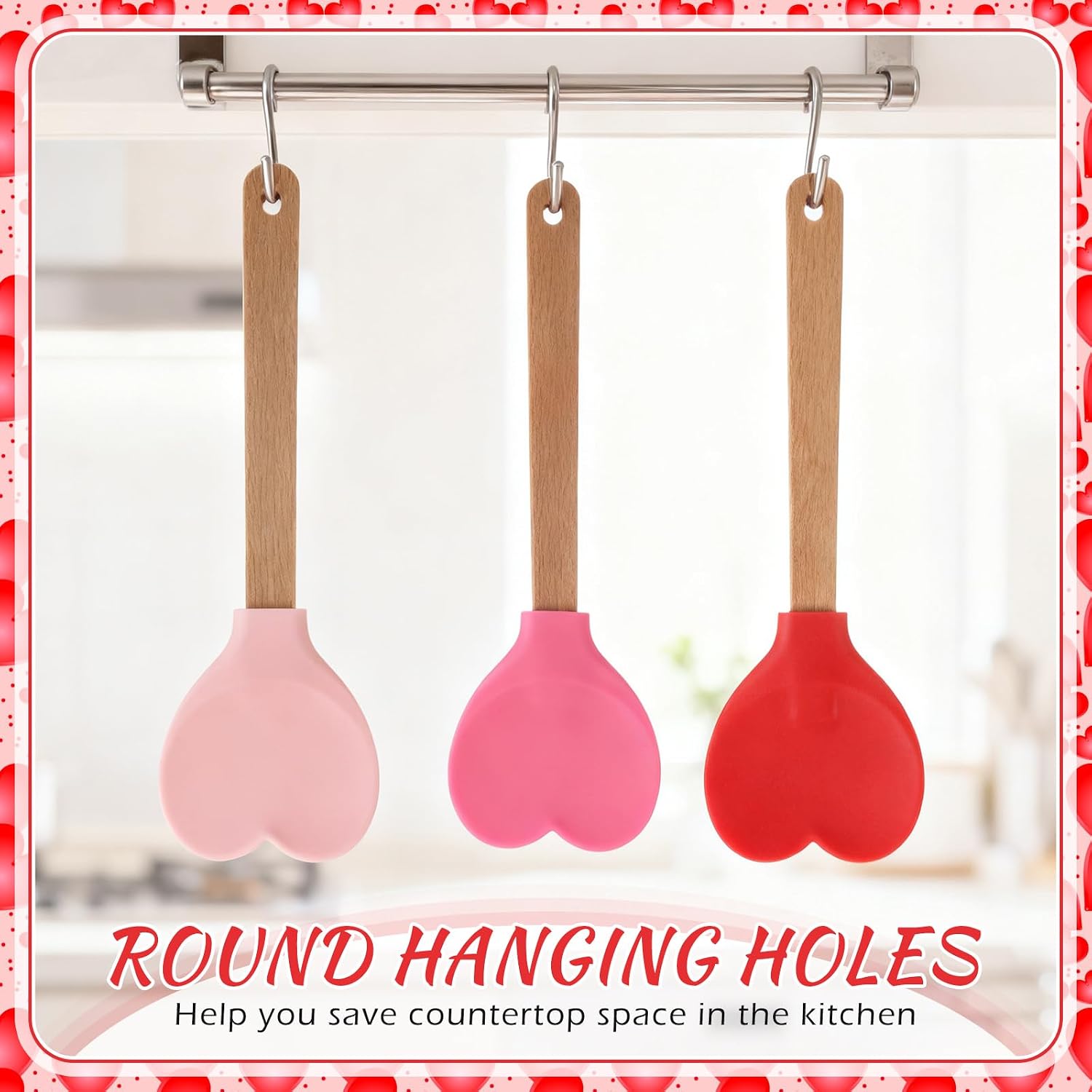 Chengu 3 Pcs Heart Shaped Silicone Spoon with Wooden Handle Valentine Day Kitchen Utensil Gift Set Red Pink Hot Heart Spatula Non-stick Cooking Tools for Mixing Stirring and Baking