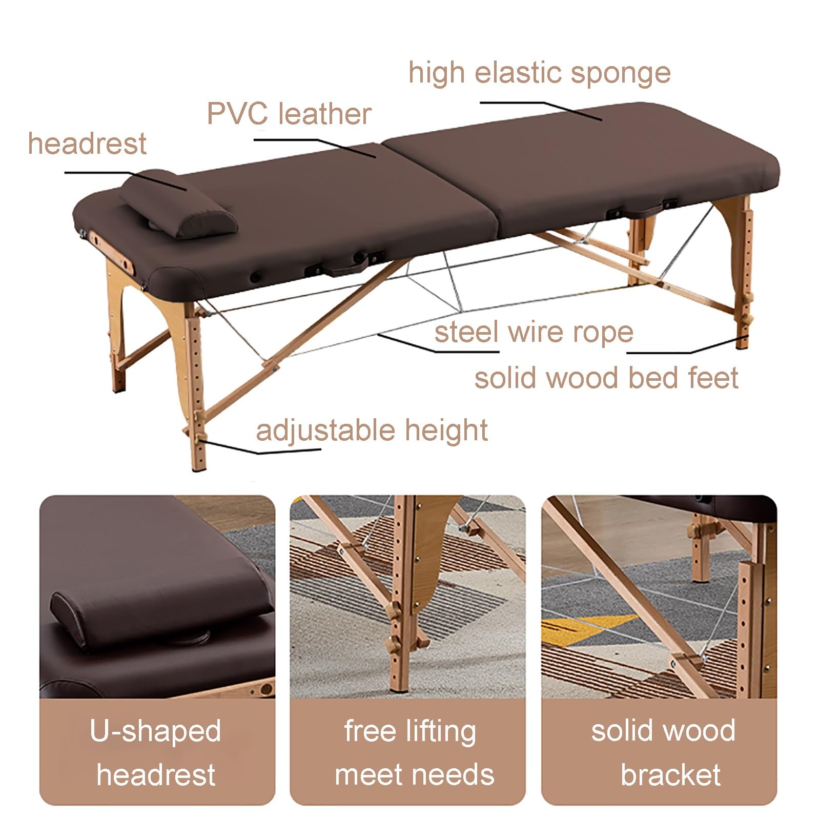 Lettino Massaggio Portatile Lettino for Spa Lettino for Ciglia Regolabile In Altezza 2 Lettino for Massaggi Portatile Pieghevole Lettino for Terapia del Tatuaggio Lettino for Spa(Brown,185*70 cm)