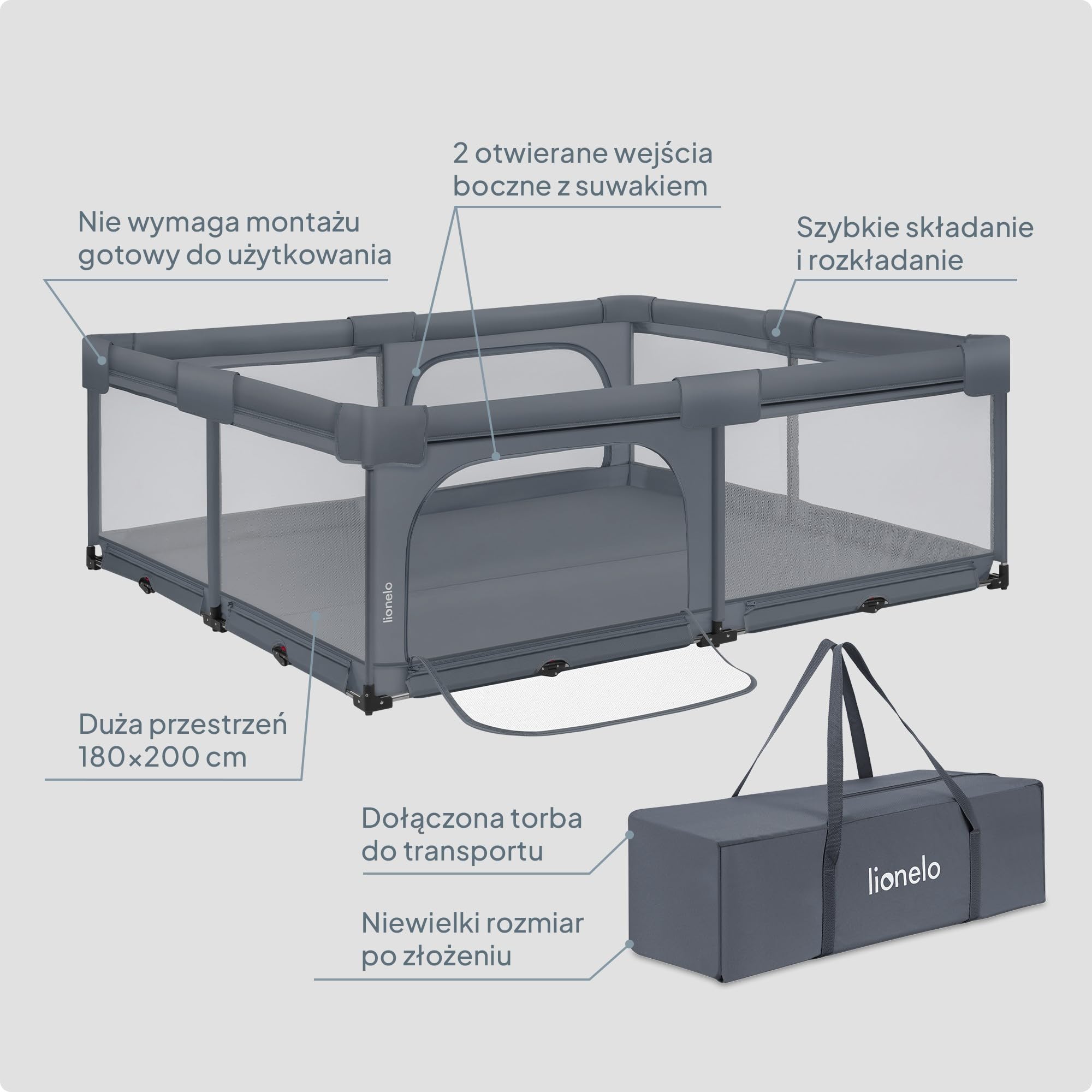 Lionelo Florence XL Easy Fold Kojec dla niemowląt, 180 x 200 cm, składany kojec dla niemowląt, bez montażu, 2 wejścia boczne z zamkiem błyskawicznym, oddychająca siatka, miękkie krawędzie, torba