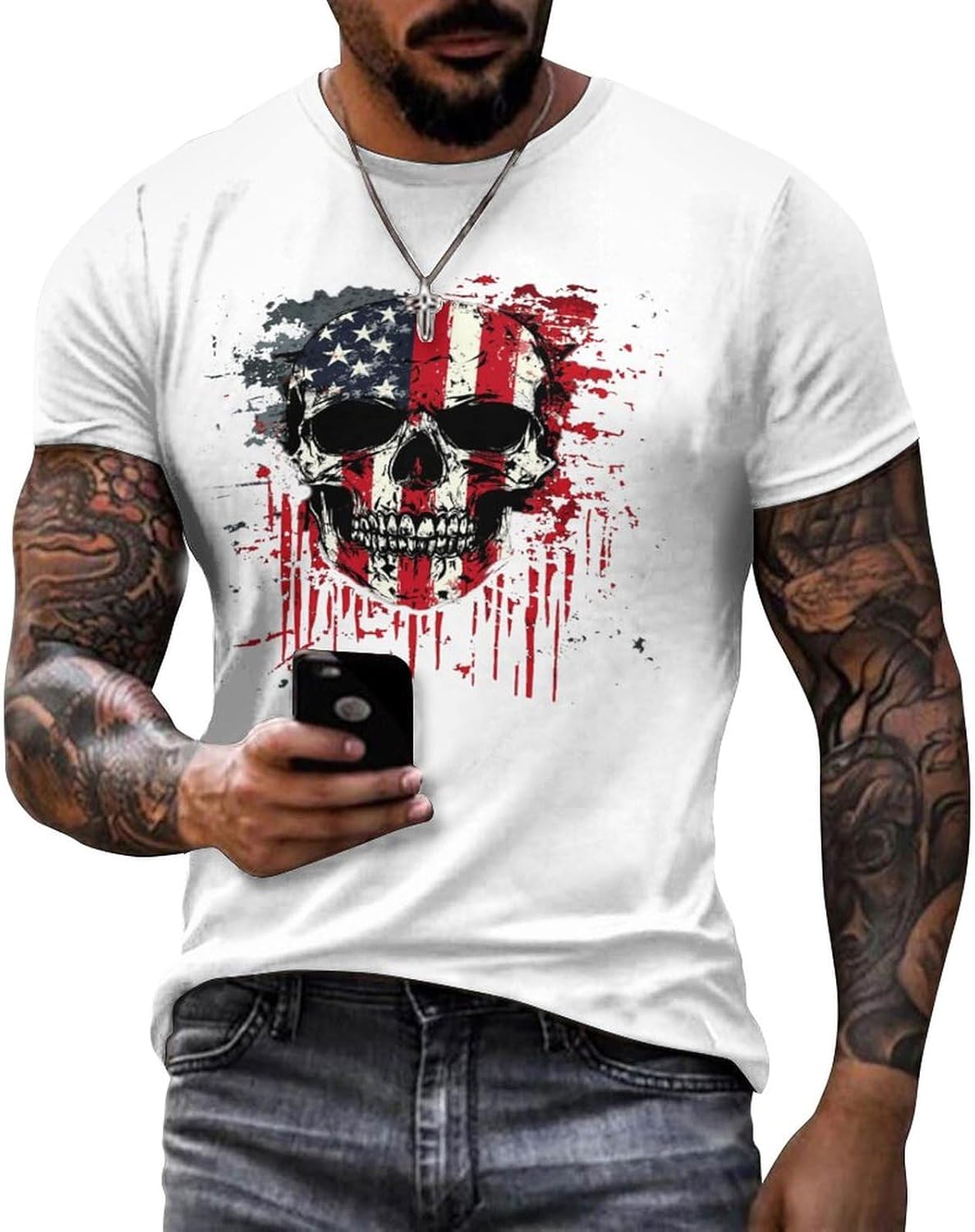 Shirt for Men American Flag Print Crewneck Short Sleeve Casual Stylish Summer Shirts Graphic Skull T-Shirt Tops