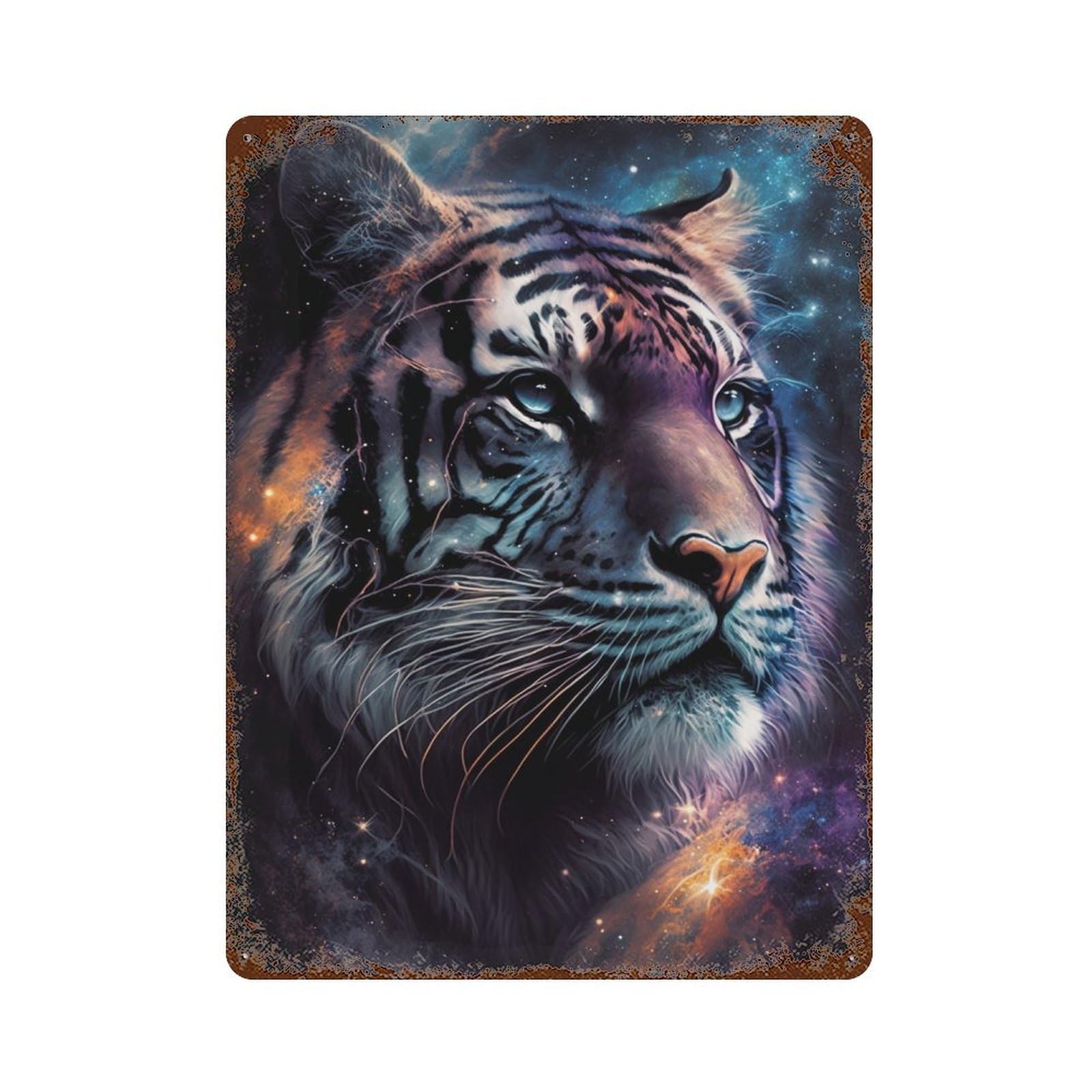 Tiger Galaxy Art Print-6 Rust Effect Tin Sign 15.7"x11.8", Rustic Home Decor for Garage, Bar And Workshop Decor