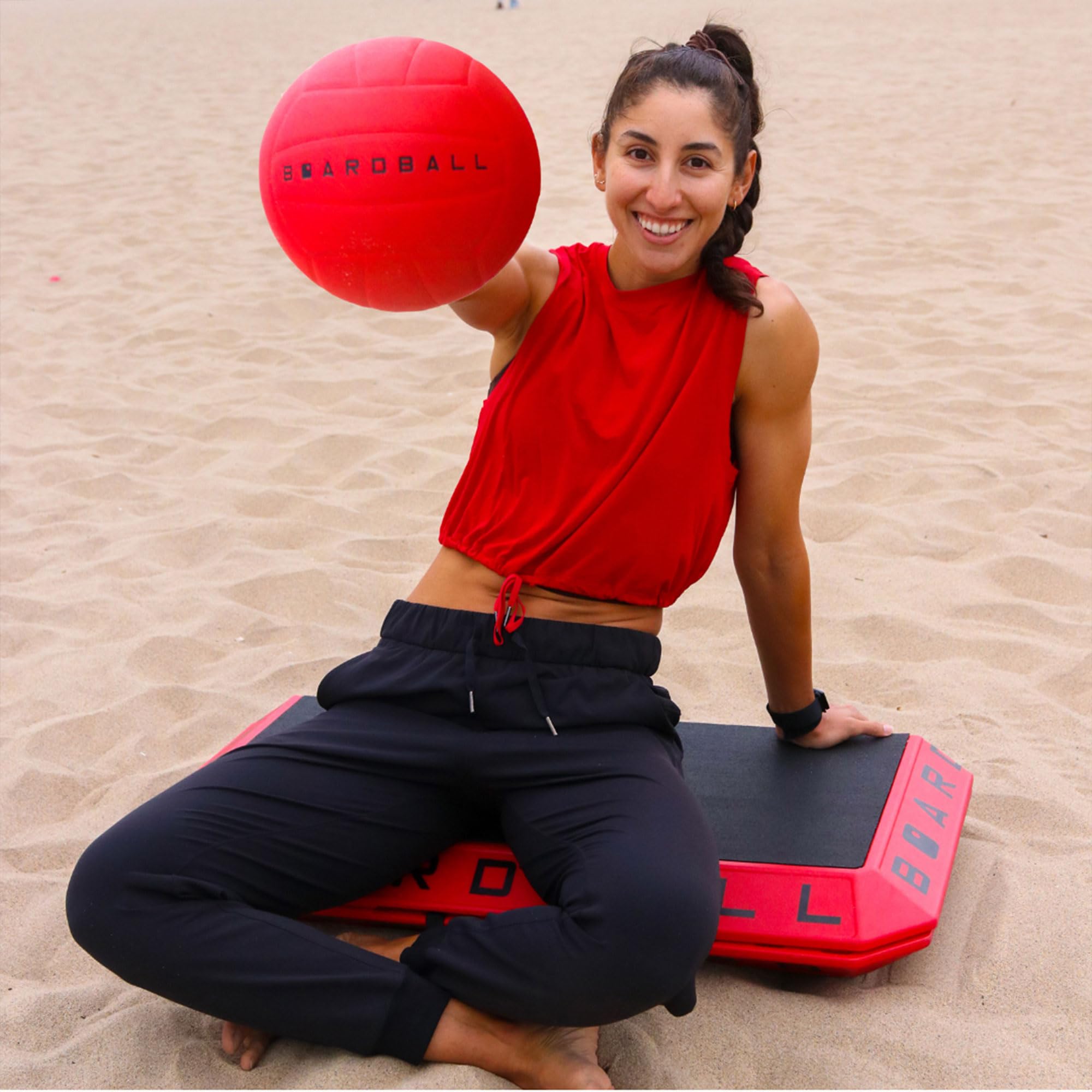 Boardball Juego de mesa de voleibol portátil deportivo, juego para interiores y exteriores con tablero de superficie superior de goma, pelota de tamaño completo y bomba de mano, rojo/negro