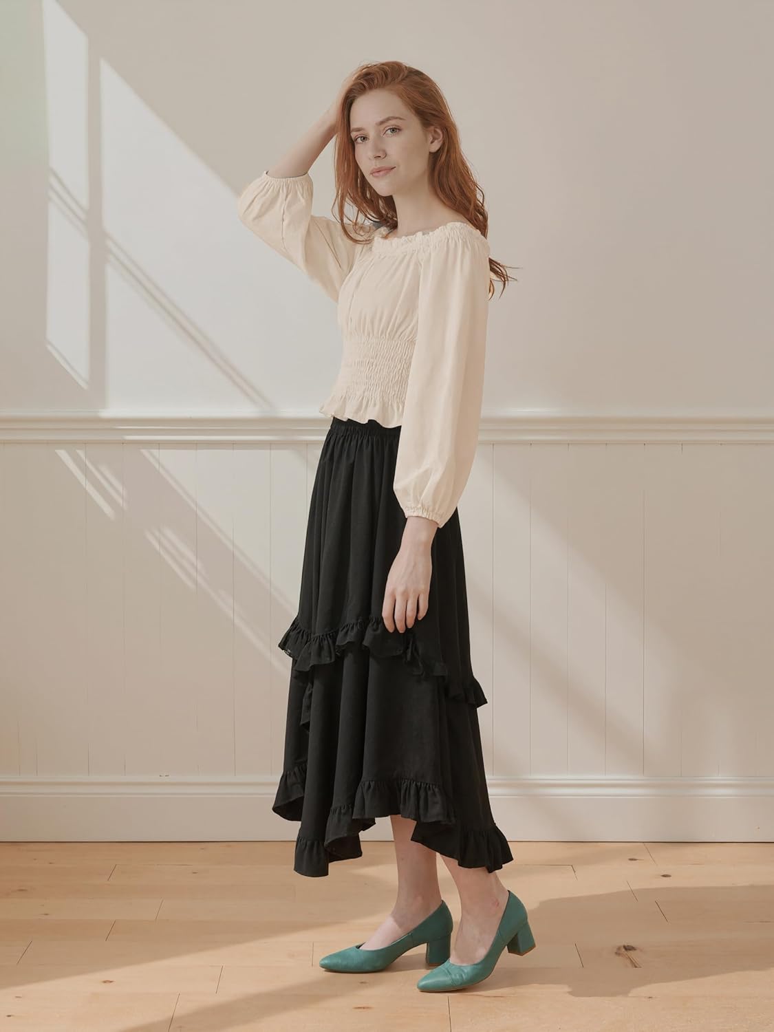 Women Costume Renaissance Peasant Tops Pirate Corset Blouse Off Shoulder Shirt - Image 5