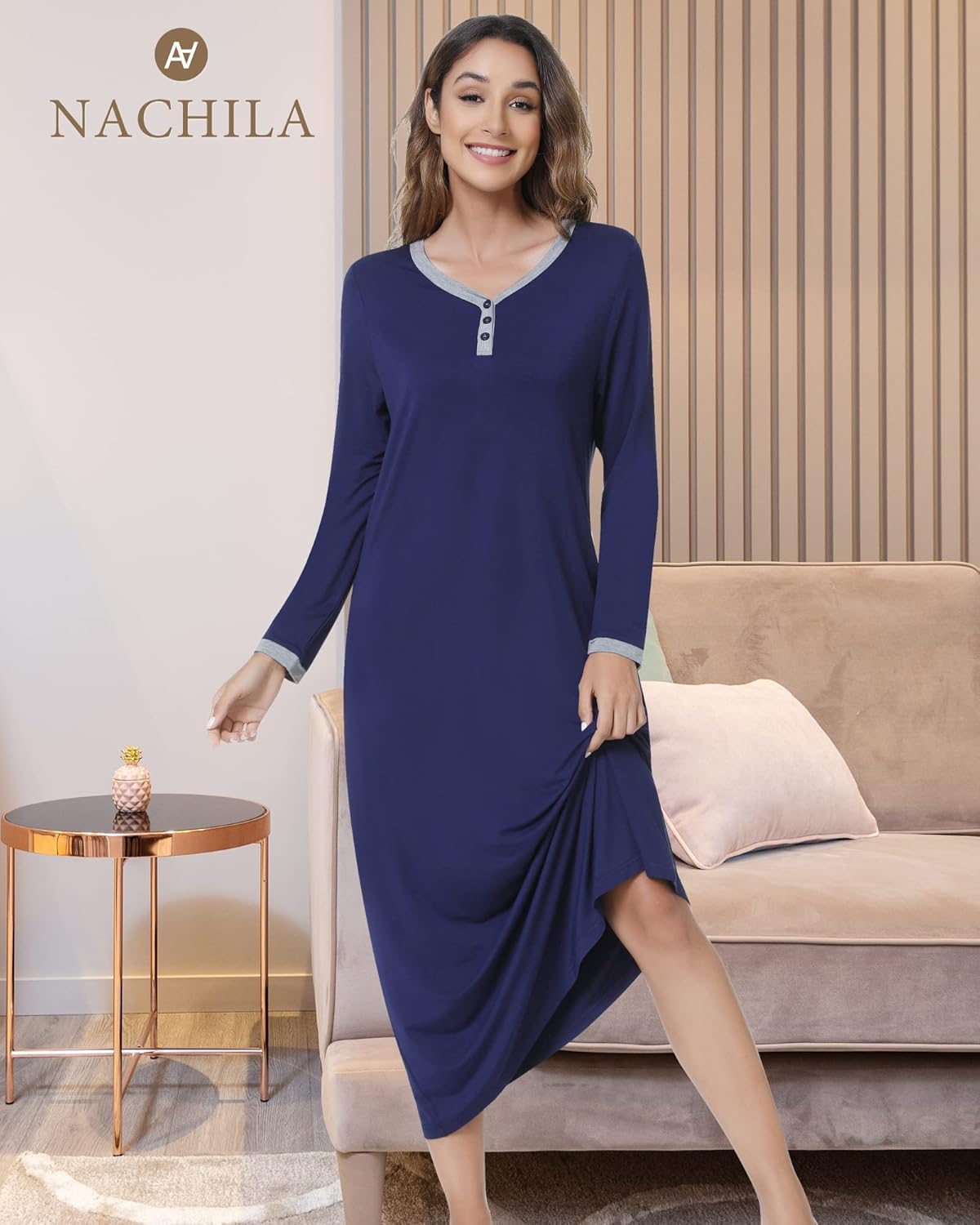 NACHILA Women's Nightgowns-Viscose Made from Bamboo, Long Sleeve Nightshirt Full Length Sleepshirt Soft Sleepwear with Pocket