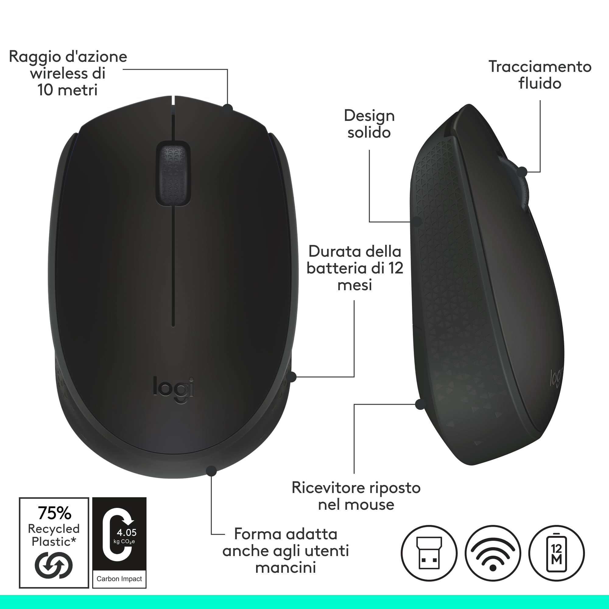 Logitech M171 Mouse Wireless per PC, Mac, Laptop, 2,4 GHz con Mini Ricevitore USB, Tracciamento Ottico, Durata della Batteria di 12 mesi, Ambidestro - Nero