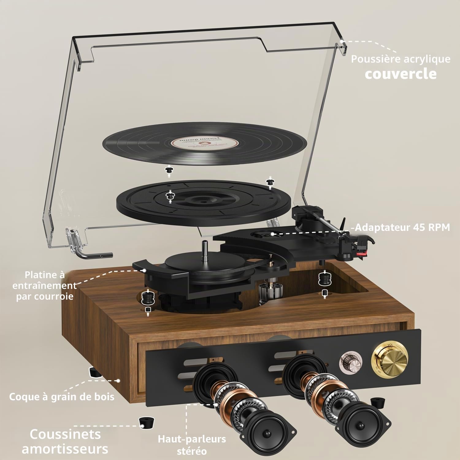 FYDEE Platine Vinyle avec Lecture et Enregistrement USB, Bluetooth Bidirectionnel, Vitesses 33/45/78 Tours, Haut-parleurs Stéréo Intégrés, Sortie RCA et Couvercle Anti-poussière Transparent - Teck