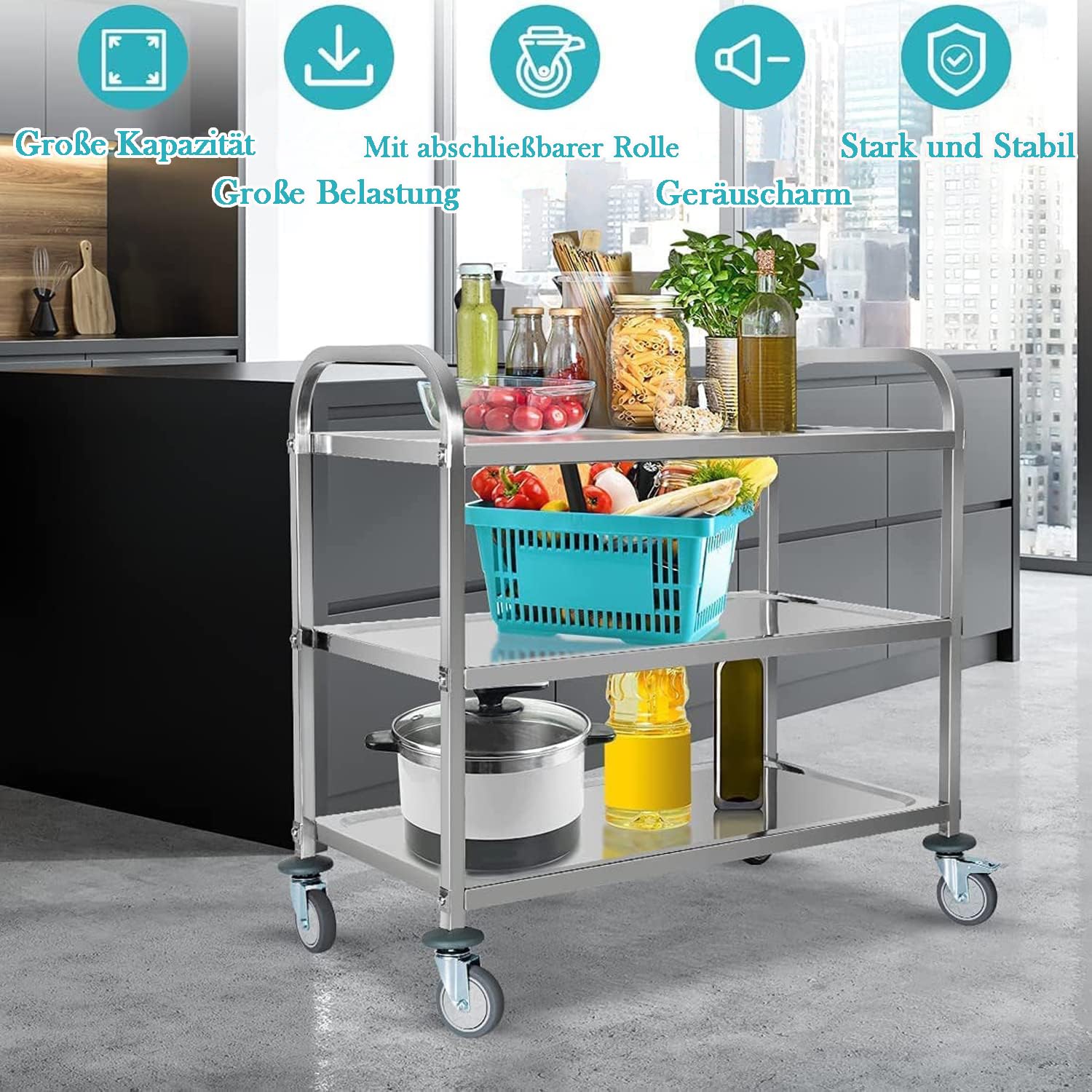 3 Böden Servierwagen Edelstahl Küchenwagen 835 x 750 x 400 mm Speisewagen mit Bremsen Rollen Tragfähigkeit 110kg Transportwagen Service Wagen Rollwagen für Restaurant Hotel Schul Küche