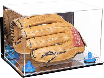 Better Display Cases Acrylic Baseball Glove Display Case with Mirror Case, Light Blue Risers , Wall Mount and Mirror Base (V41/A004)
