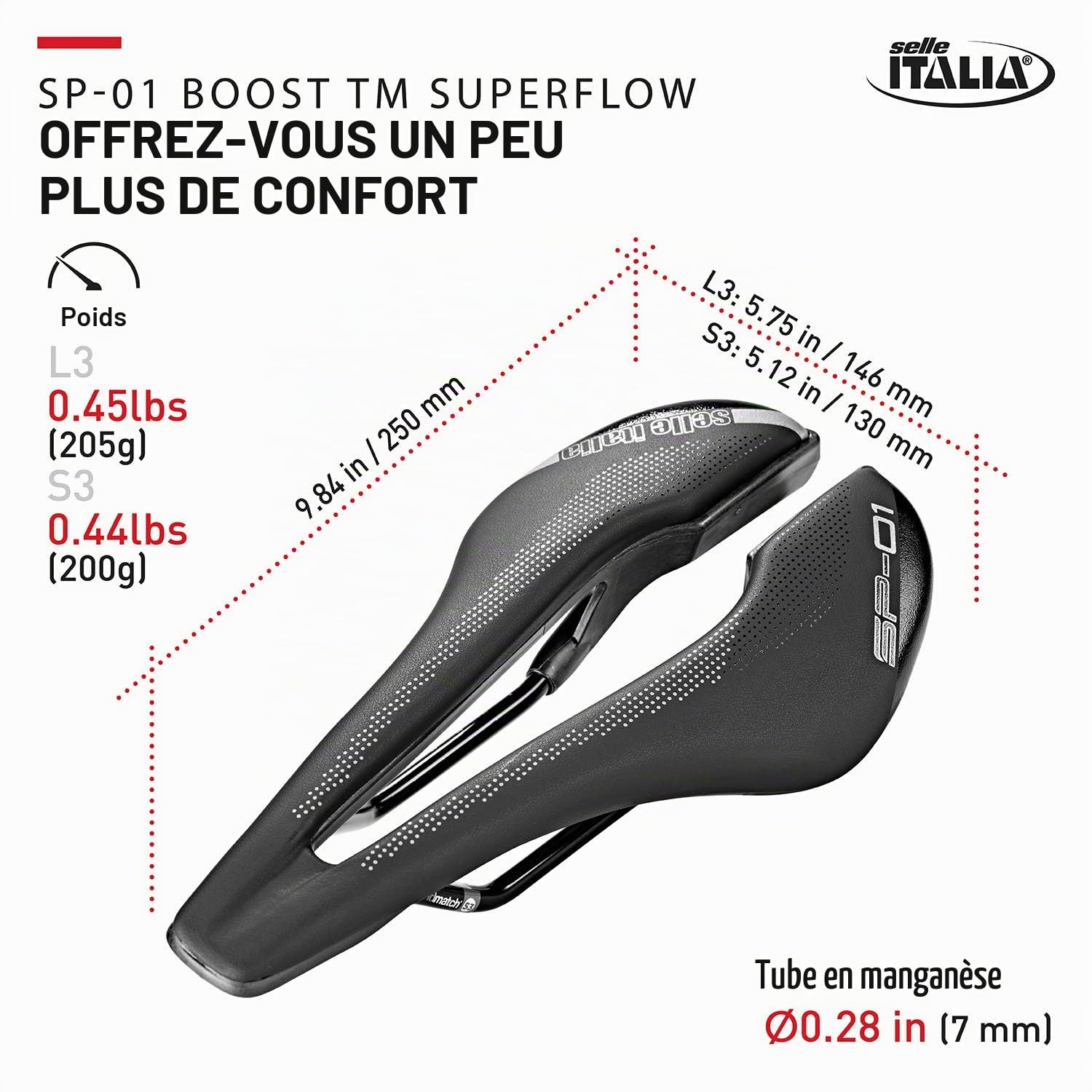 Selle Italia - Road Bike Seat SP-01 Boost TM Superflow, Rail Manganese Tube Ø7, Short Saddle Road Perfomance Duro-tek, Comfort
