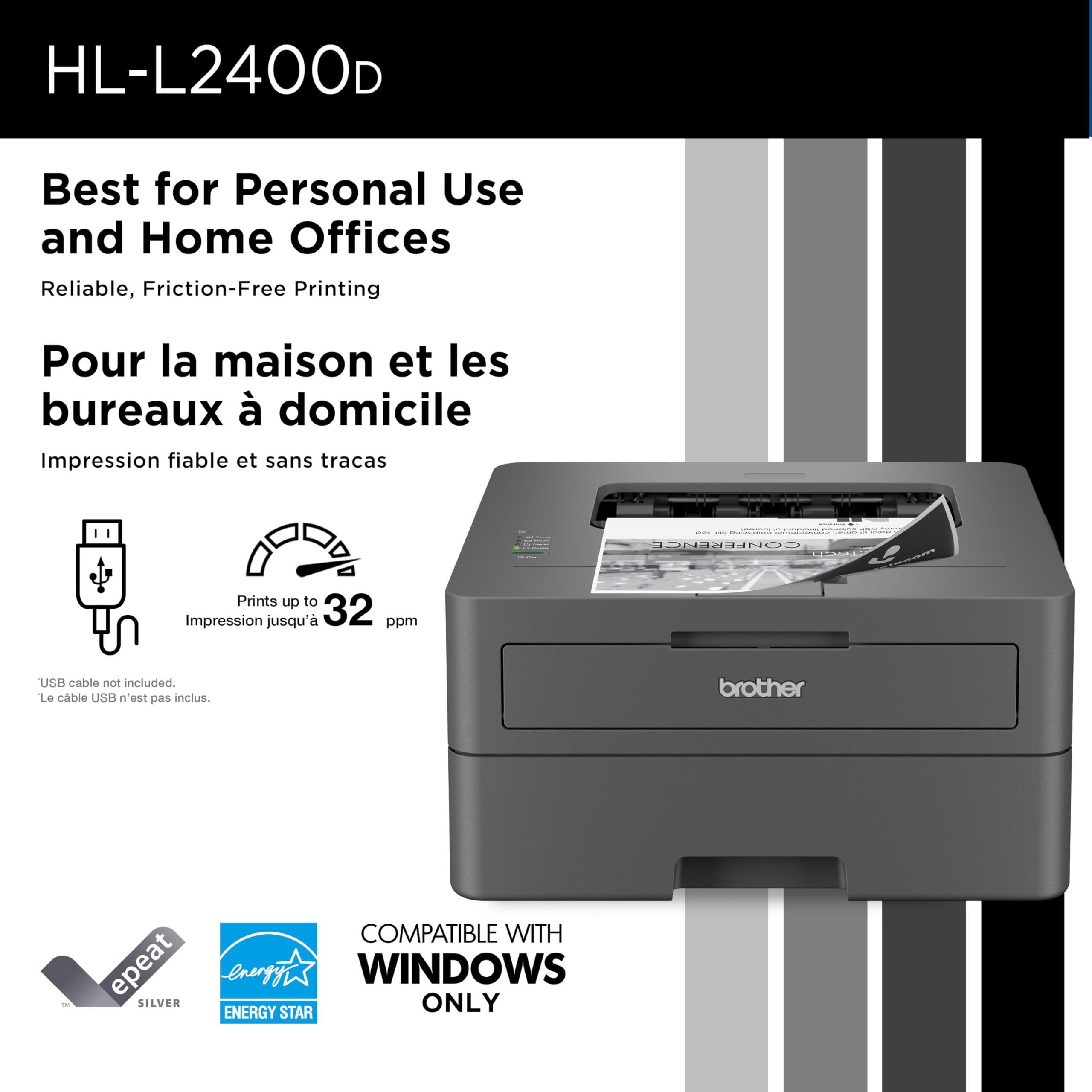 Brother HL-L2400D Compact Monochrome Laser Printer with Duplex Printing, USB connectivity (Cable Sold Separately), Black & White Output - 3
