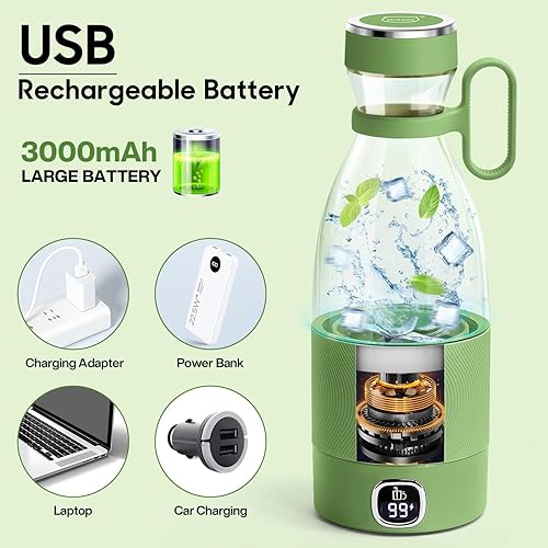 Miniatura 6 de MIAOKE Licuadora portátil, vaso exprimidor de 6 cuchillas para batidos de jugo y licuados de 11.8 fl oz, mini licuadora con pantalla LED, recargable