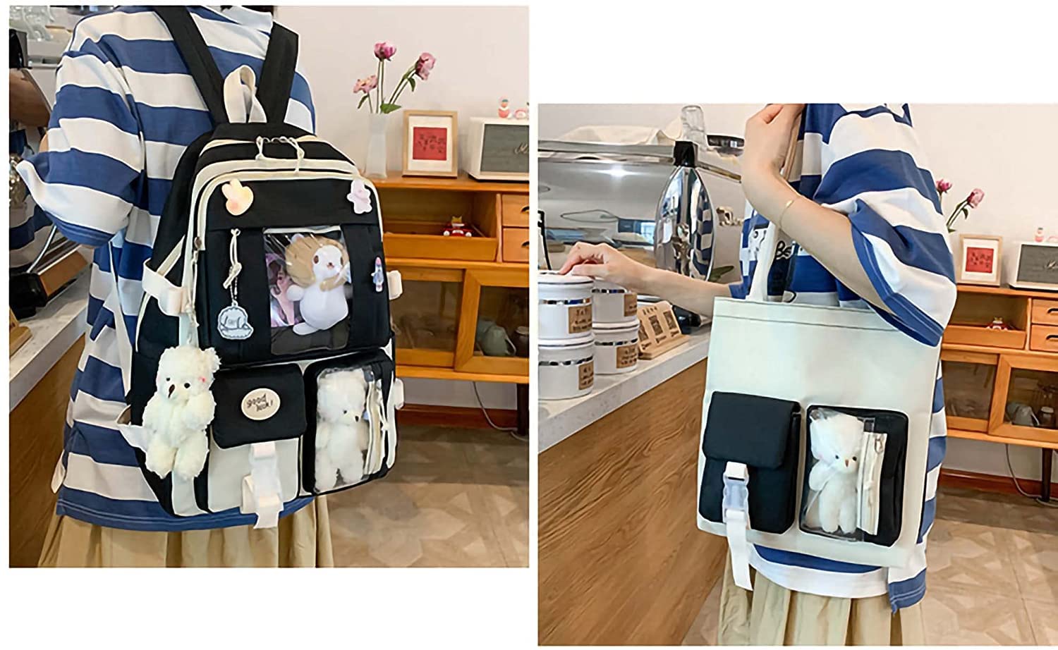 LINGJIONG 4 Pz Zaino Scuola Combo Set Con Kawaii Orsacchiotto Ciondolo Maniglia Spalla Tote Bag Laptop Schoolbag Per Gli Studenti