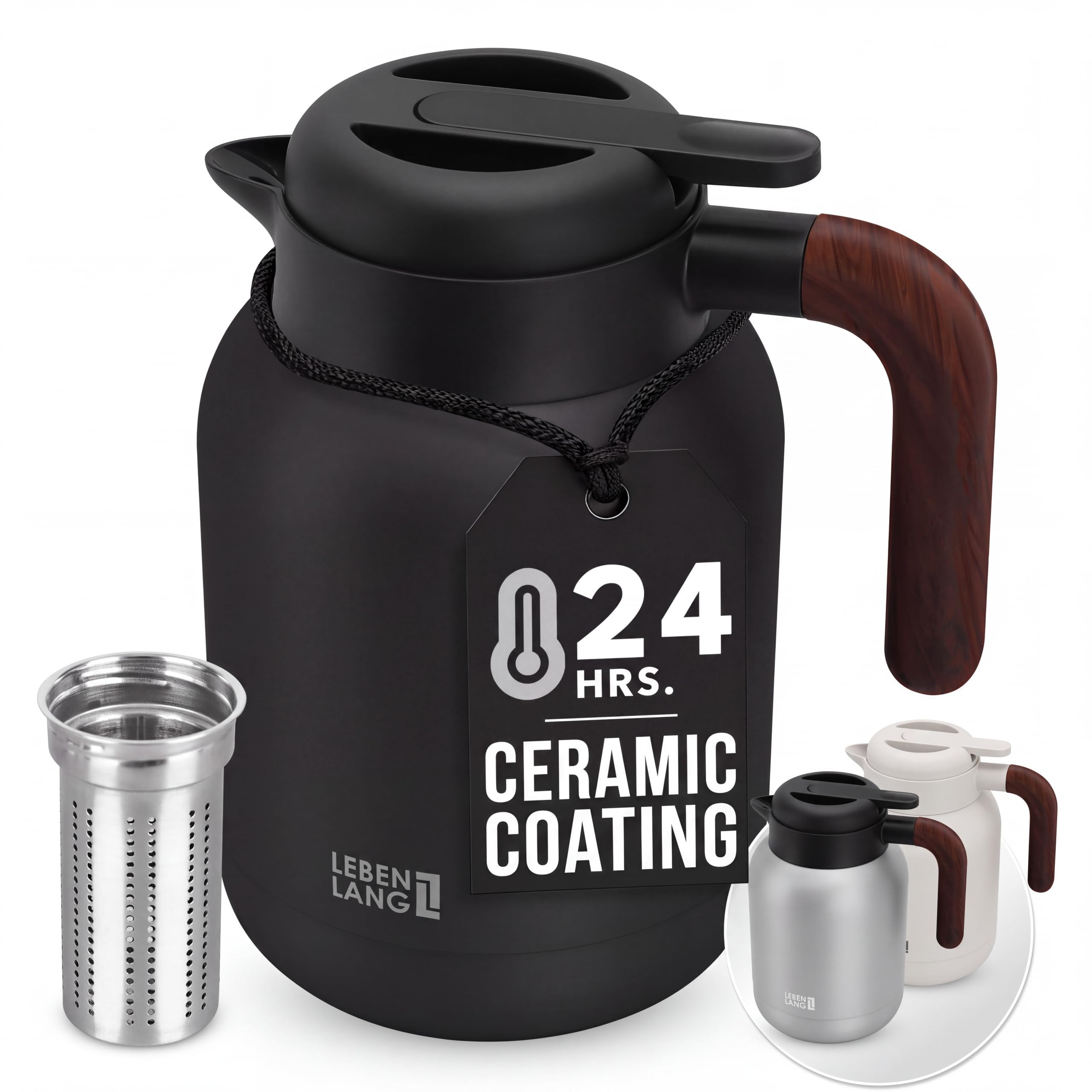 LEBENLANG 1.5L Thermal Coffee Carafe & Teapot with Infuser - Ceramic Coat