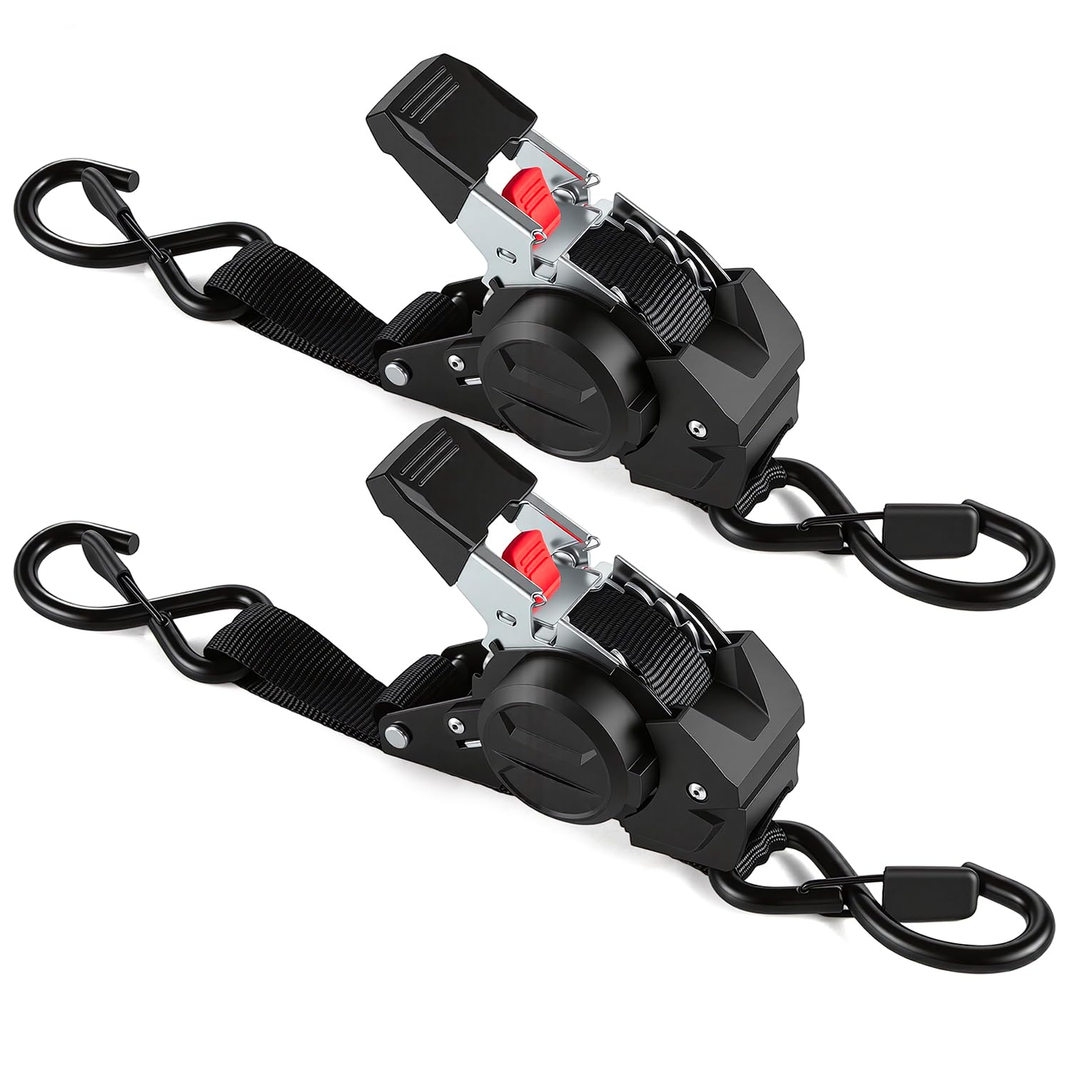 Lot de 2 Sangles à cliquet Automatique 3m x 25mm avec Crochets en S | 750kg Charge de Rupture | D'arrimage à rétraction Automatique pour Moto, remorque, Camion - Noir
