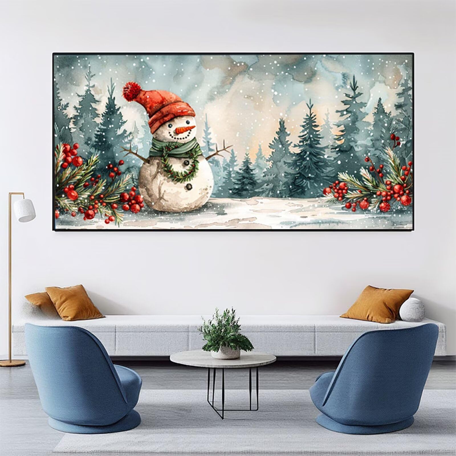 Malowanie według liczb XXL, bałwan, malowanie według liczb, dla dorosłych, choinka 90 x 180 cm, bez ramki, zestaw do malowania liczbami akrylowymi i pędzlami, niegniotące się płótno, dekoracja