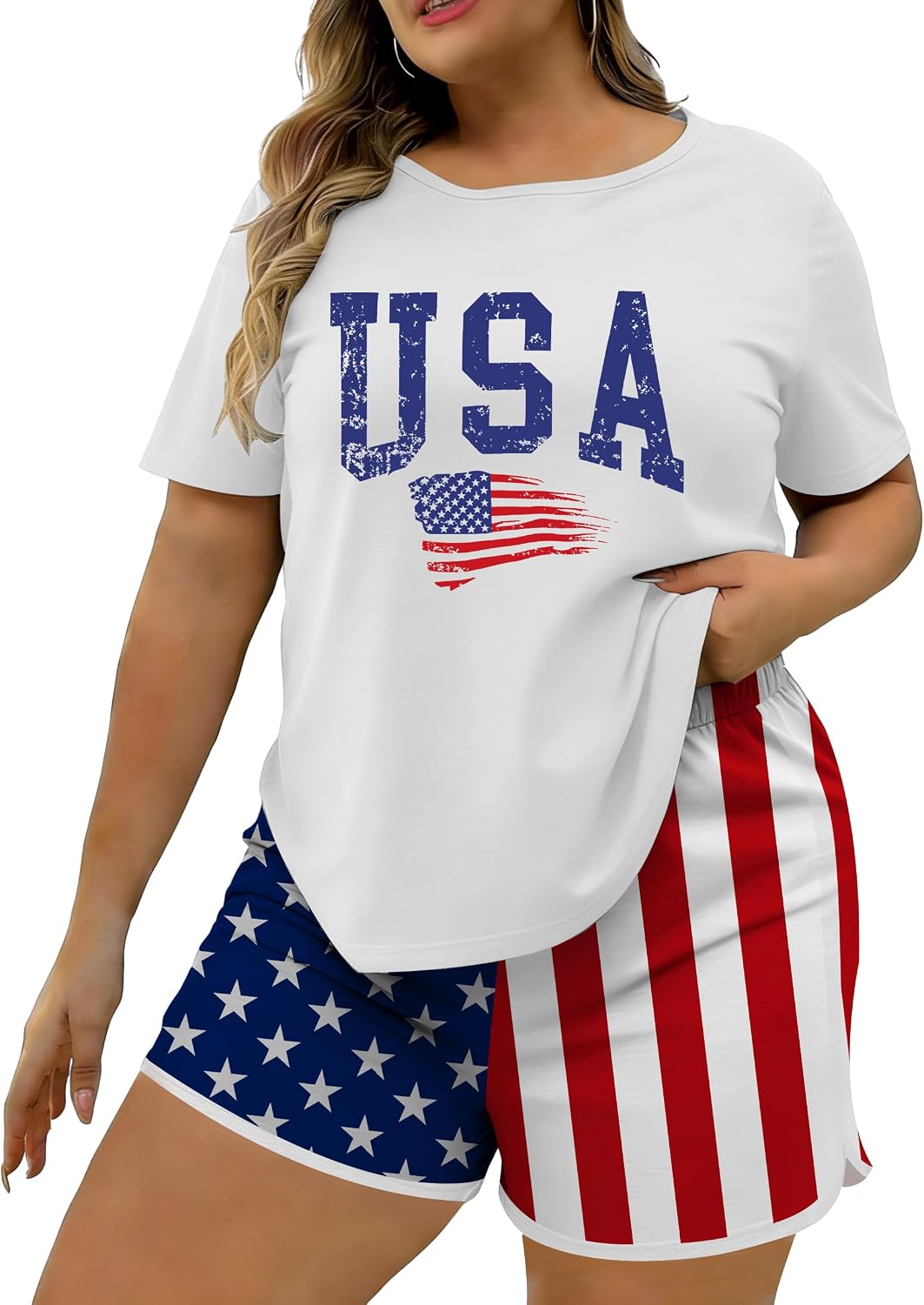 Plus Size Womens 4th of July Outfit 2 Piece Set American Flag Patriotic Sets USA 250 Anniversary Shirt and Shorts