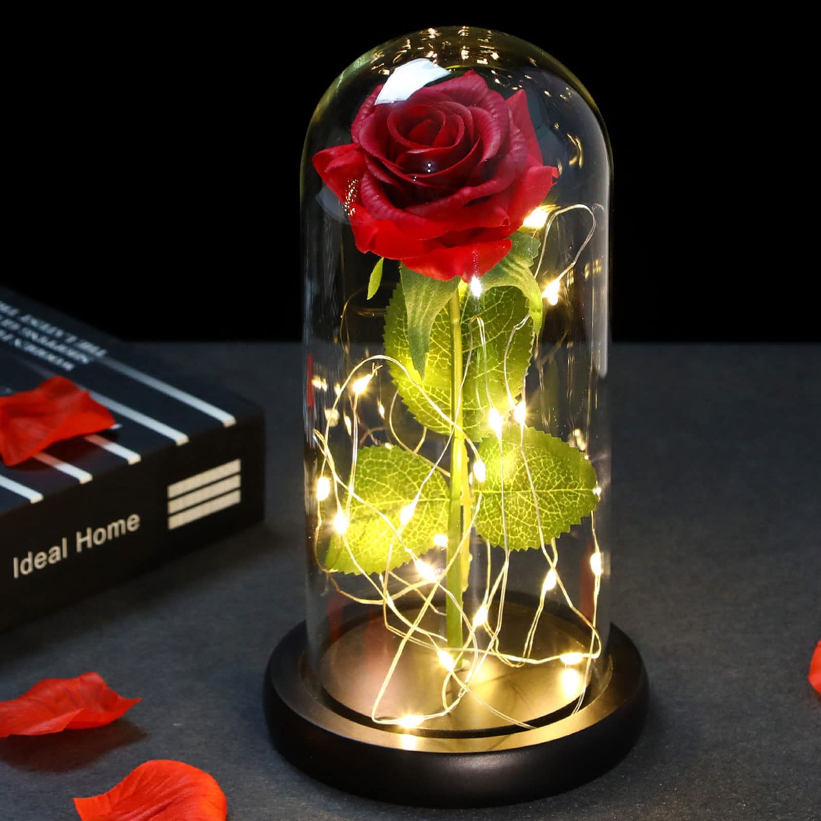Rosa Eterna, Kit Elegante Con Cúpula de Cristal, Base Pino, Luces LED y Tarjeta de Felicitación - Bella y Bestia Para San Valentín, Día de Madre, Boda
