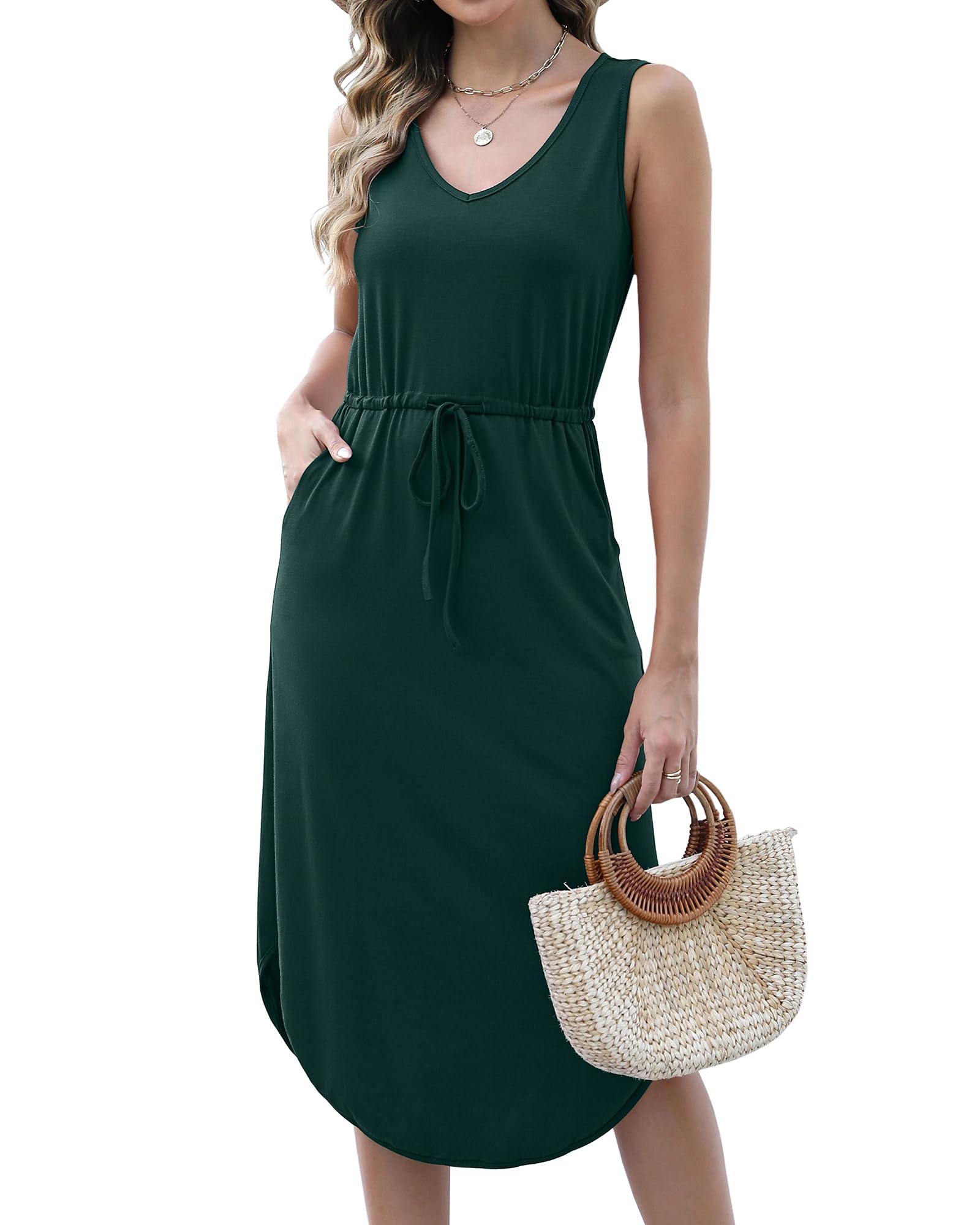 Hount Womens V Neck Sleeveless Casual T Shirt Dress Summer Midi Dress with Pockets