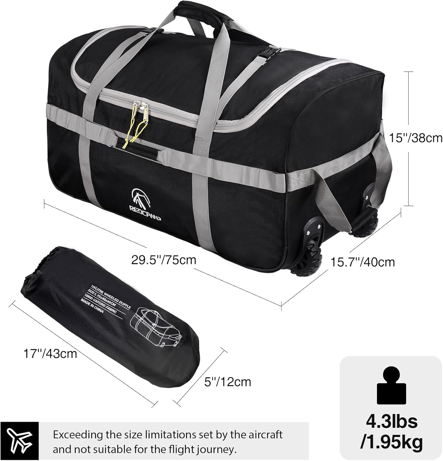 REDCAMP 85L/120L/140L Foldable Duffle Bag with Wheels, Large Travel Duffel Bag - Image 3